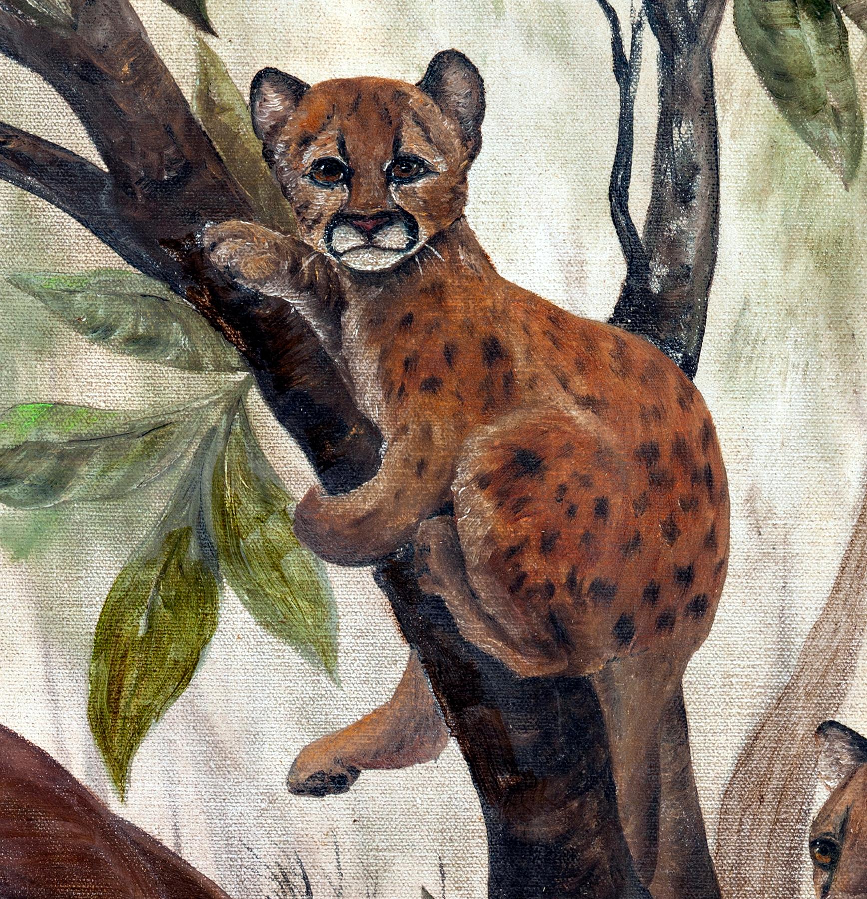 Primitive Original Oil Painting of Three Cougars Winner at California Art Show For Sale