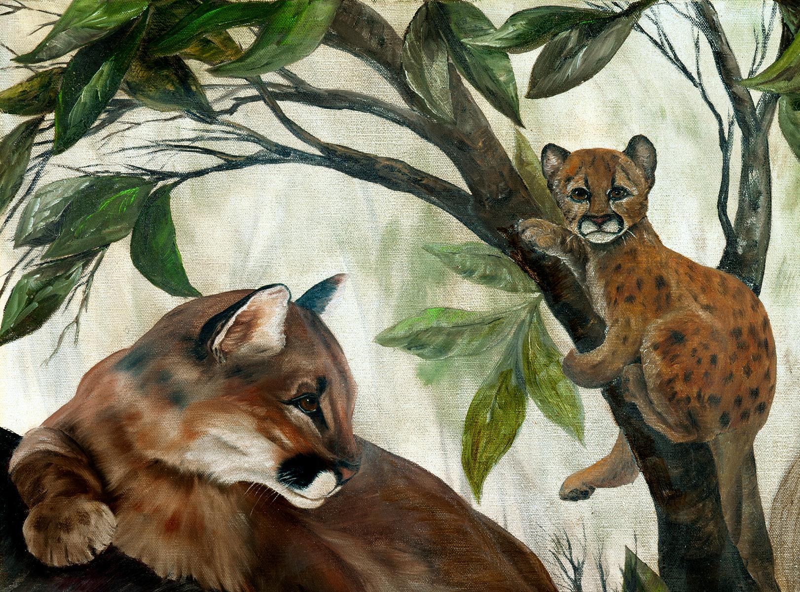 Hand-Painted Original Oil Painting of Three Cougars Winner at California Art Show For Sale