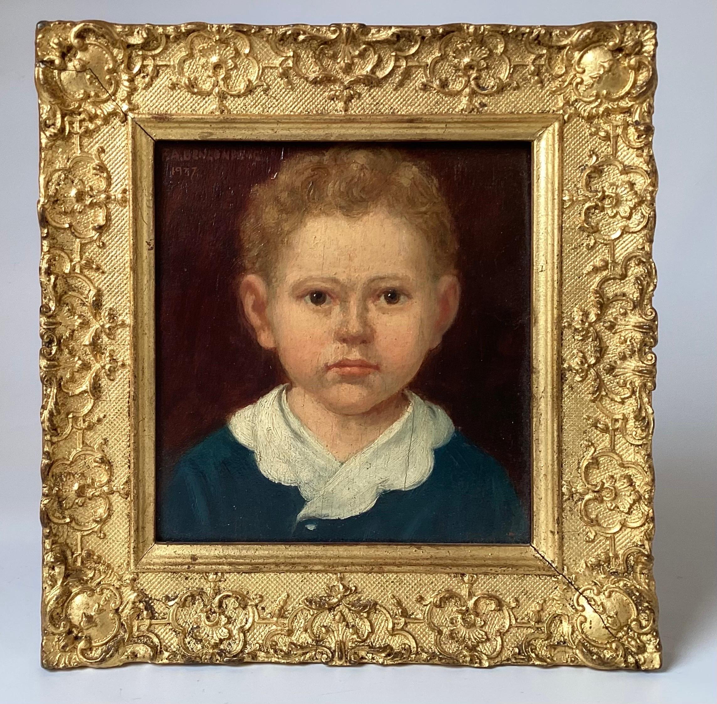 Beautiful original small portrait of a young boy, artist signed and dated 1937. The old world style painting on wood board with information listed on the back. The framed painting measures 8.5 by 8.5 with the painting measuring 5.5 by 5.5.