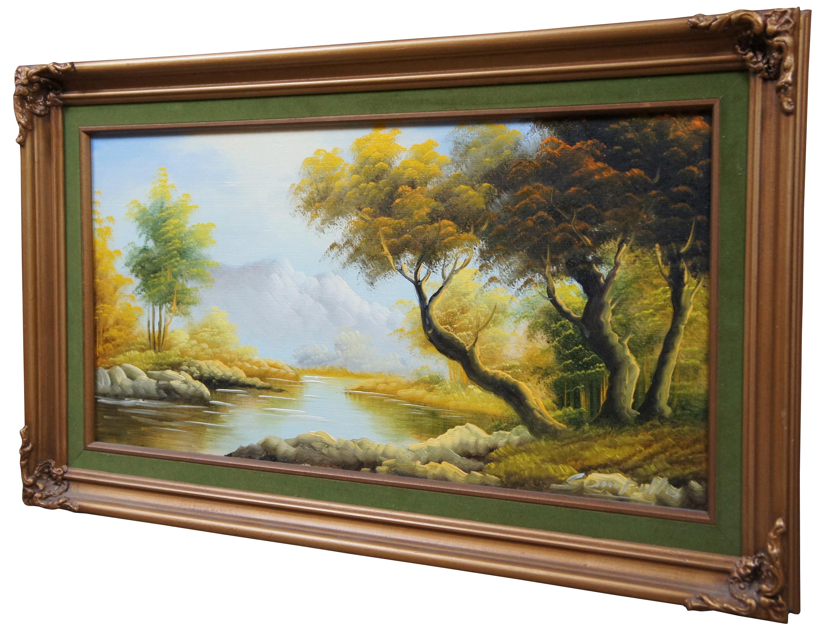 Peinture vintage à l'huile sur toile représentant un paysage d'automne avec rivière et montagnes ; signée Campillo dans le coin inférieur.

Dimensions : 28,75