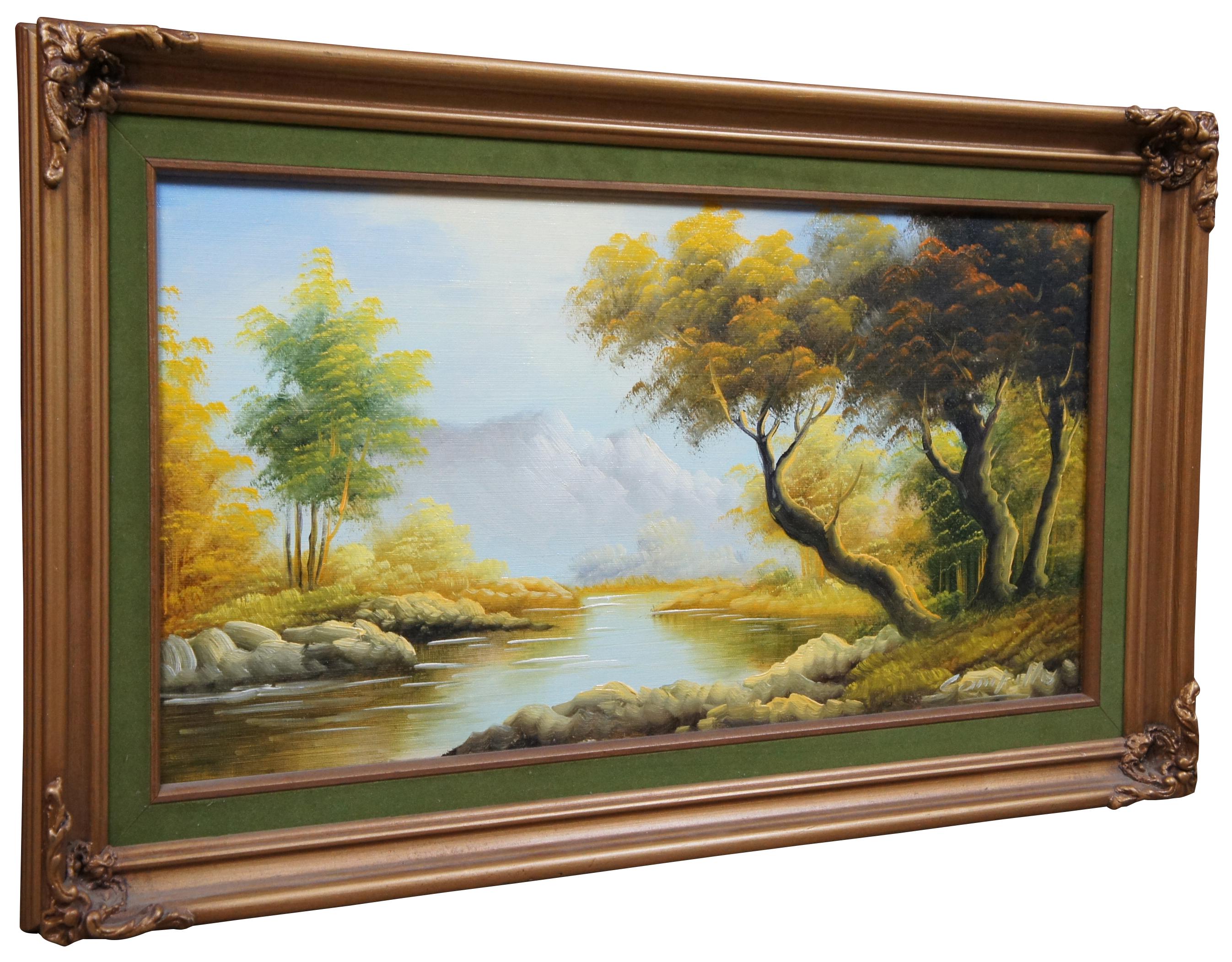 Peinture à l'huile originale sur toile de Campillo - Paysage de montagnes de la rivière Autumn Bon état à Dayton, OH