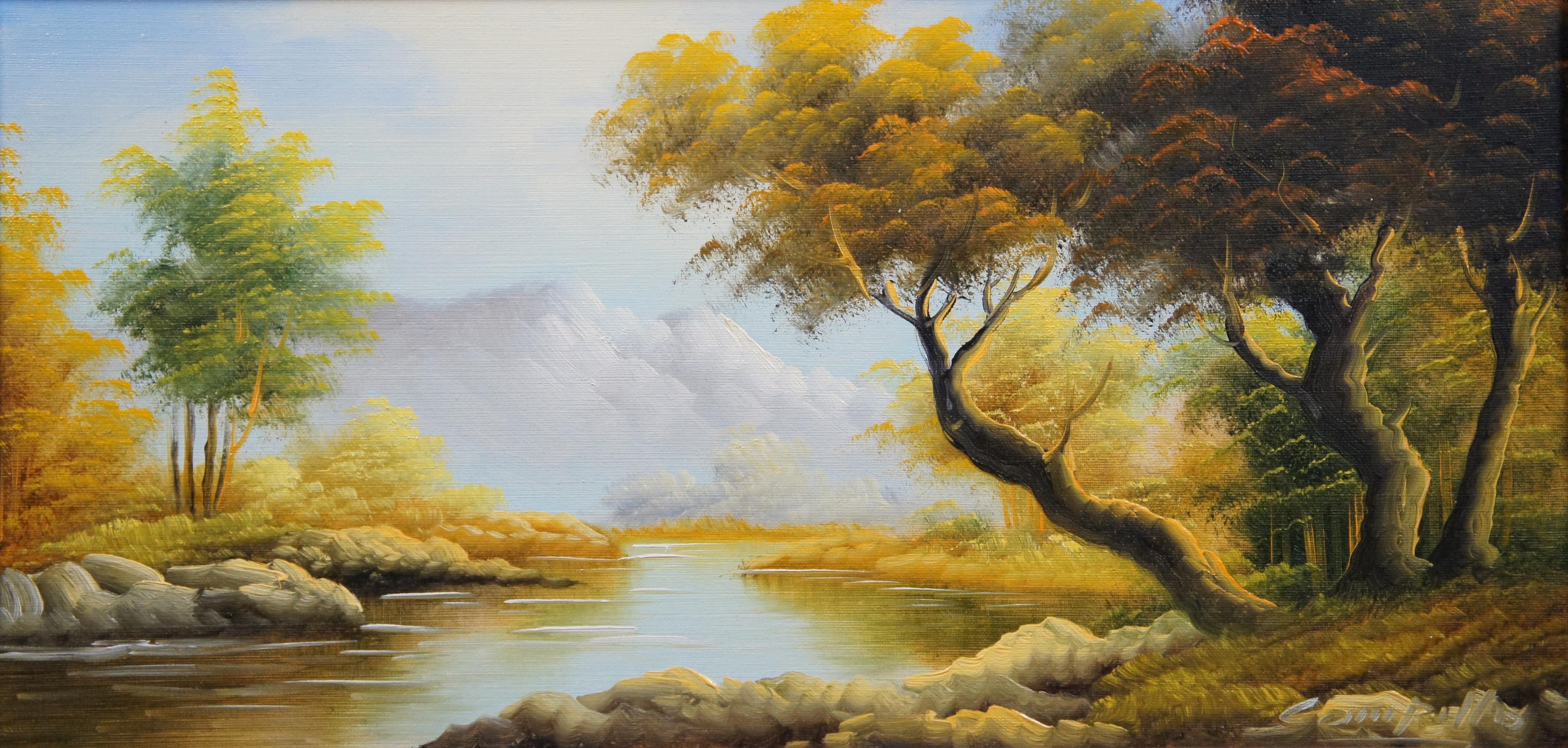 Peinture à l'huile originale sur toile de Campillo - Paysage de montagnes de la rivière Autumn 2