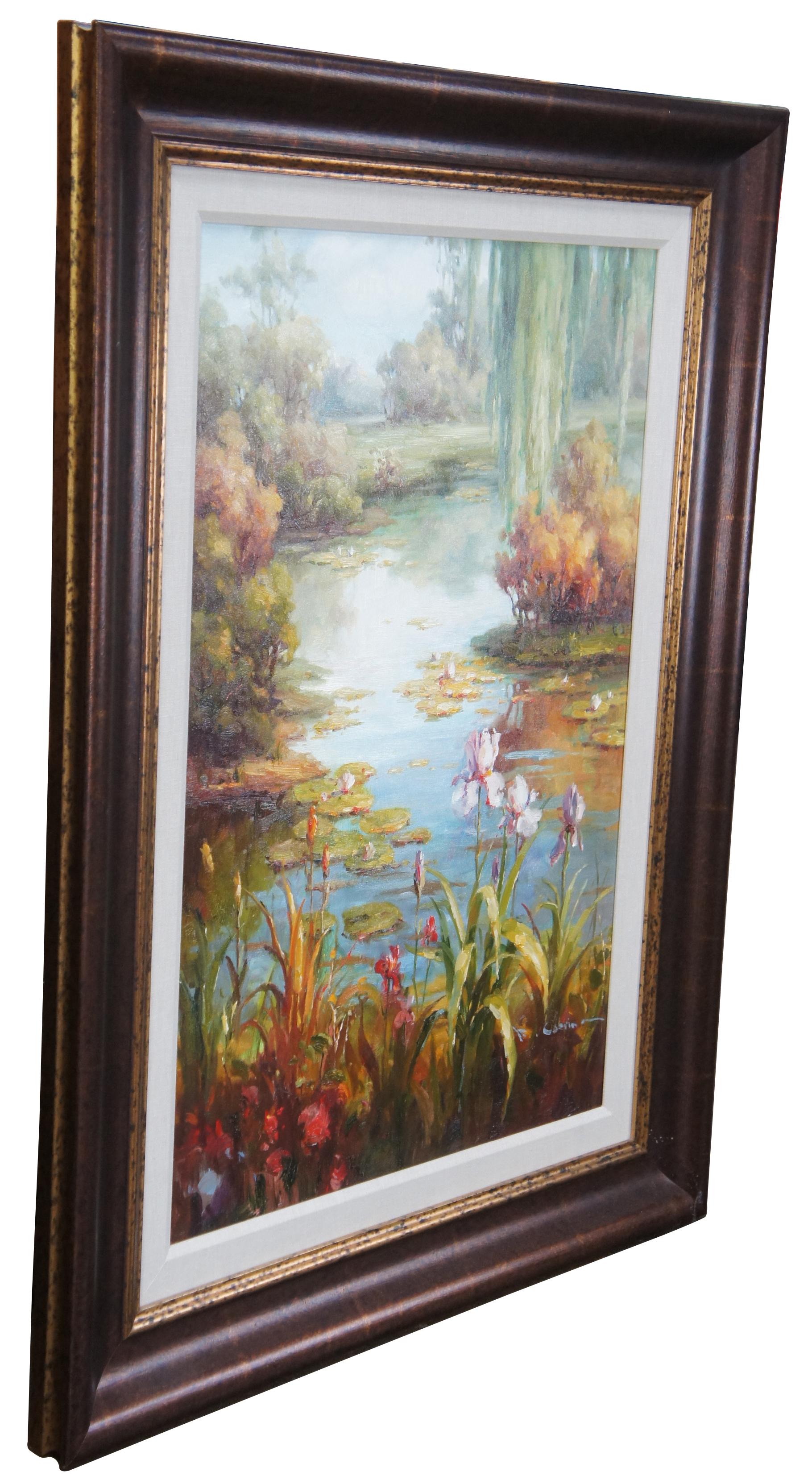 Original oil painting titled Lake Scene featuring flowers, foliage, trees and water lily's. Signed lower right.

 art 24