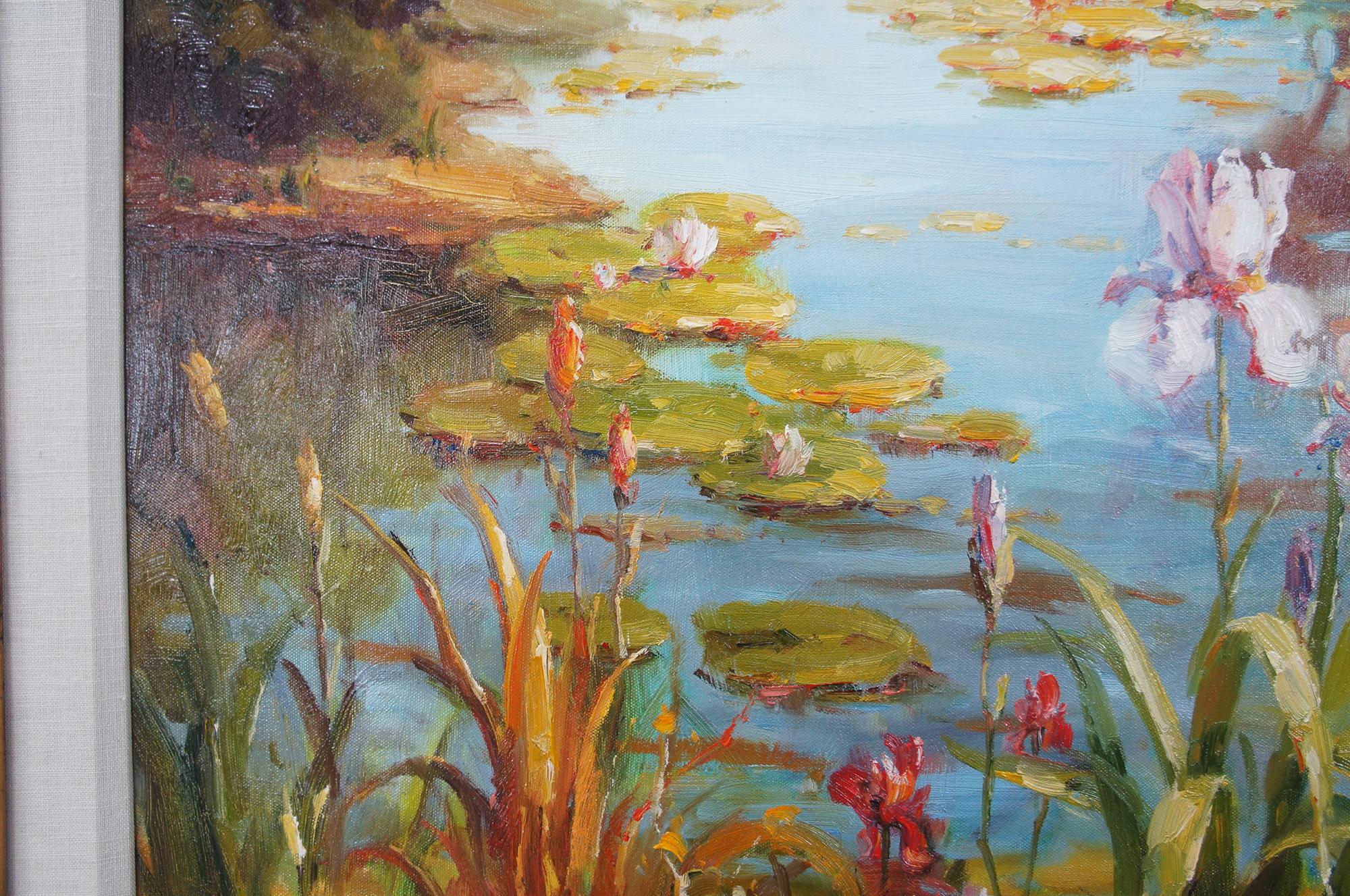 Original Oil Painting on Canvas Lake Scene Water Lily Floral Marsh Realism 47