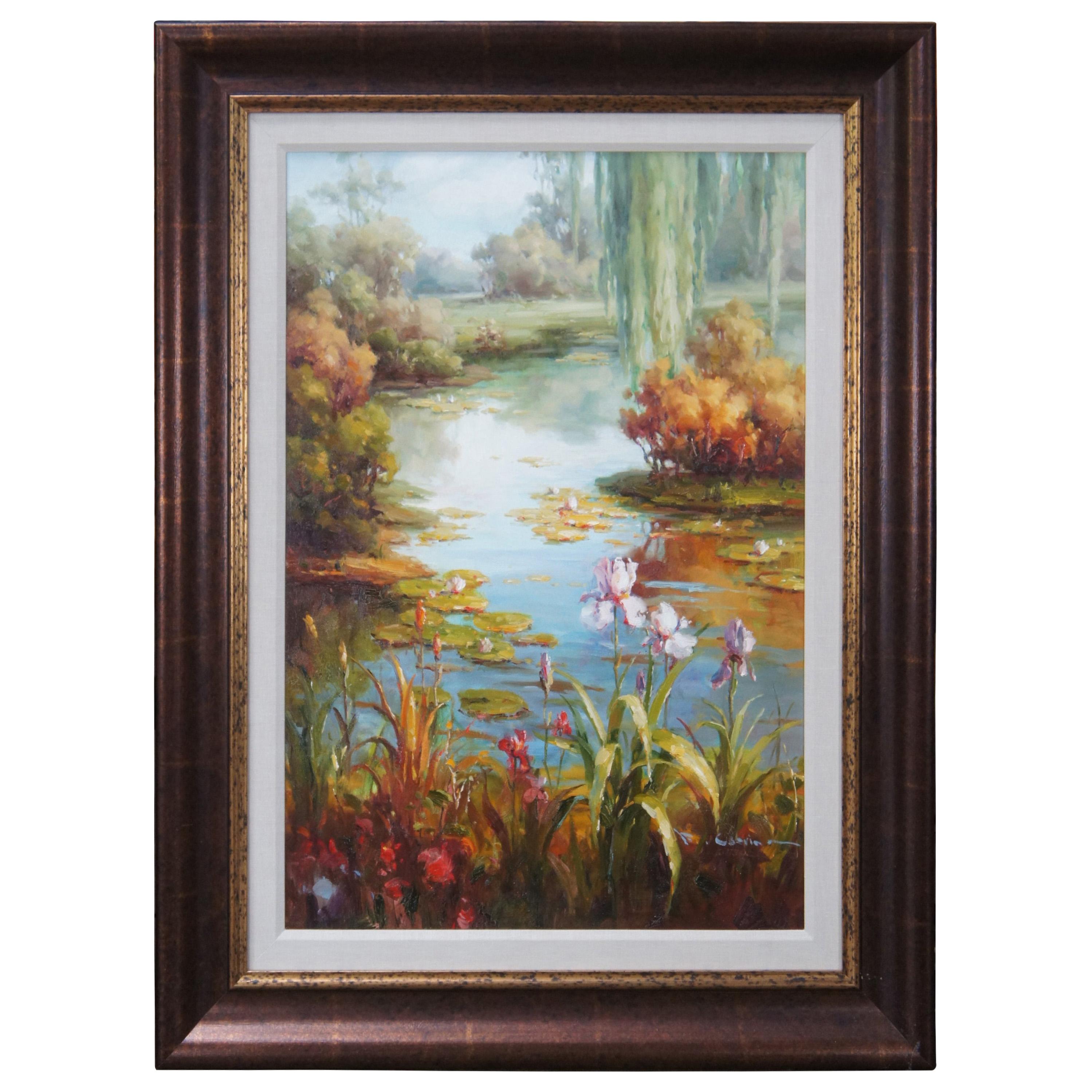 Peinture à l'huile originale sur toile - Scène de lac - Réalisme floral de nénuphar en bord de lac - 47 po.