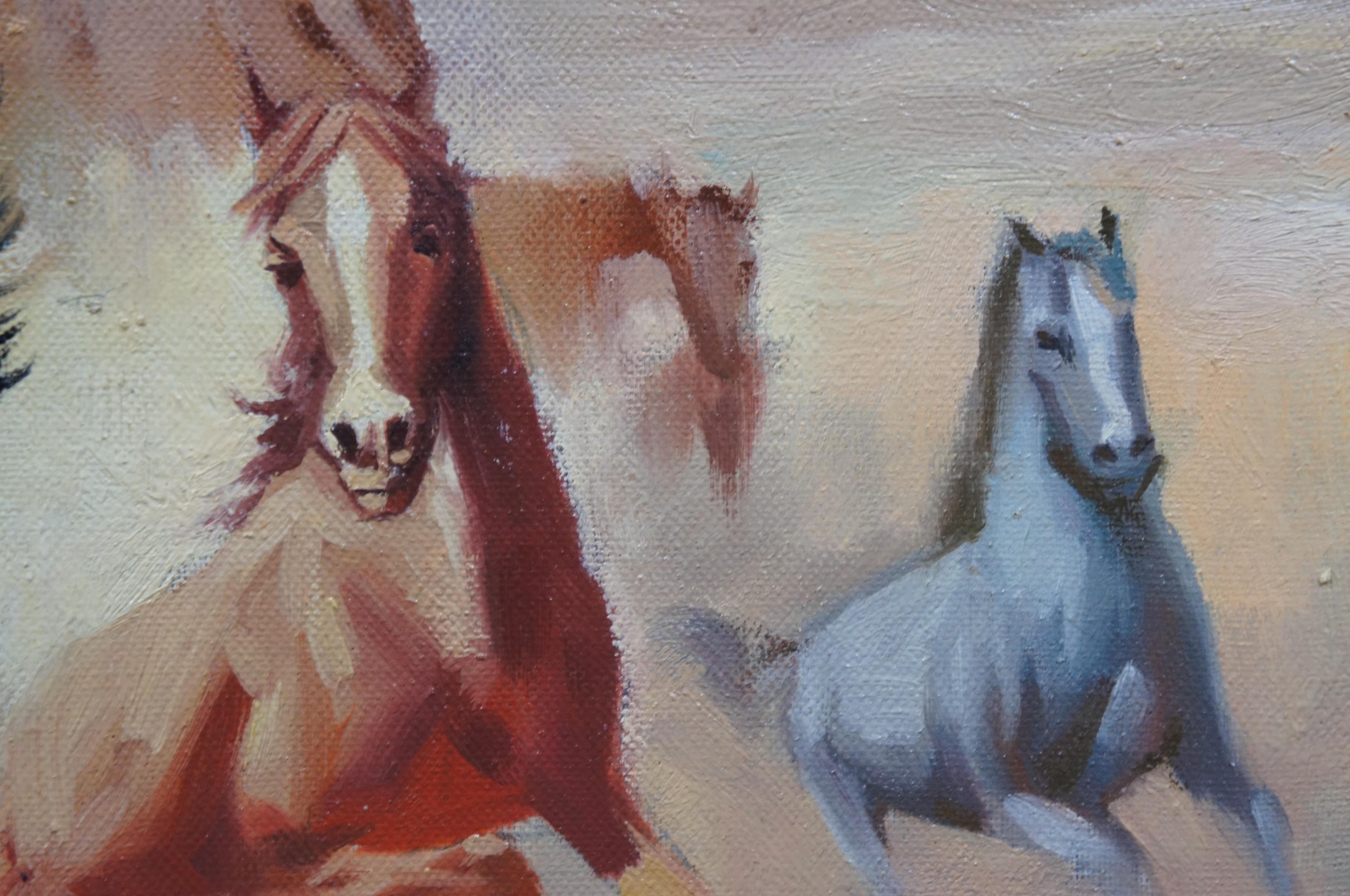 Original Oil Painting on Canvas Running Wild Horses Desert Landscape Western 2
