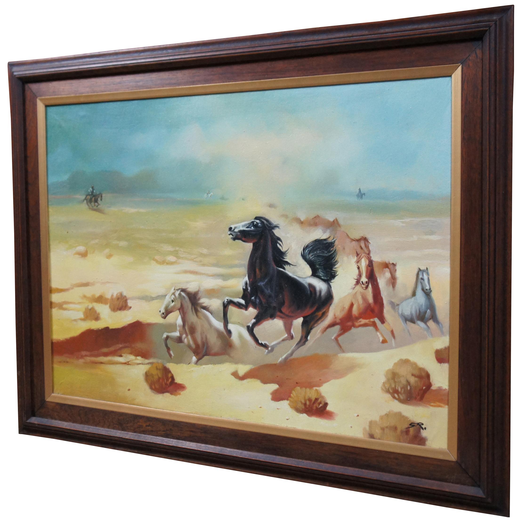 Vintage surrealist oil on canvas landscape painting showing Western cowboys herding wild horses; signed SR in the bottom corner.

Measures: 34.25” x 0.75” x 26.25” / Sans Frame - 27.75” x 19.75” (Width x Depth x Height).