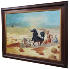 Original Oil Painting on Canvas Running Wild Horses Desert Landscape Western