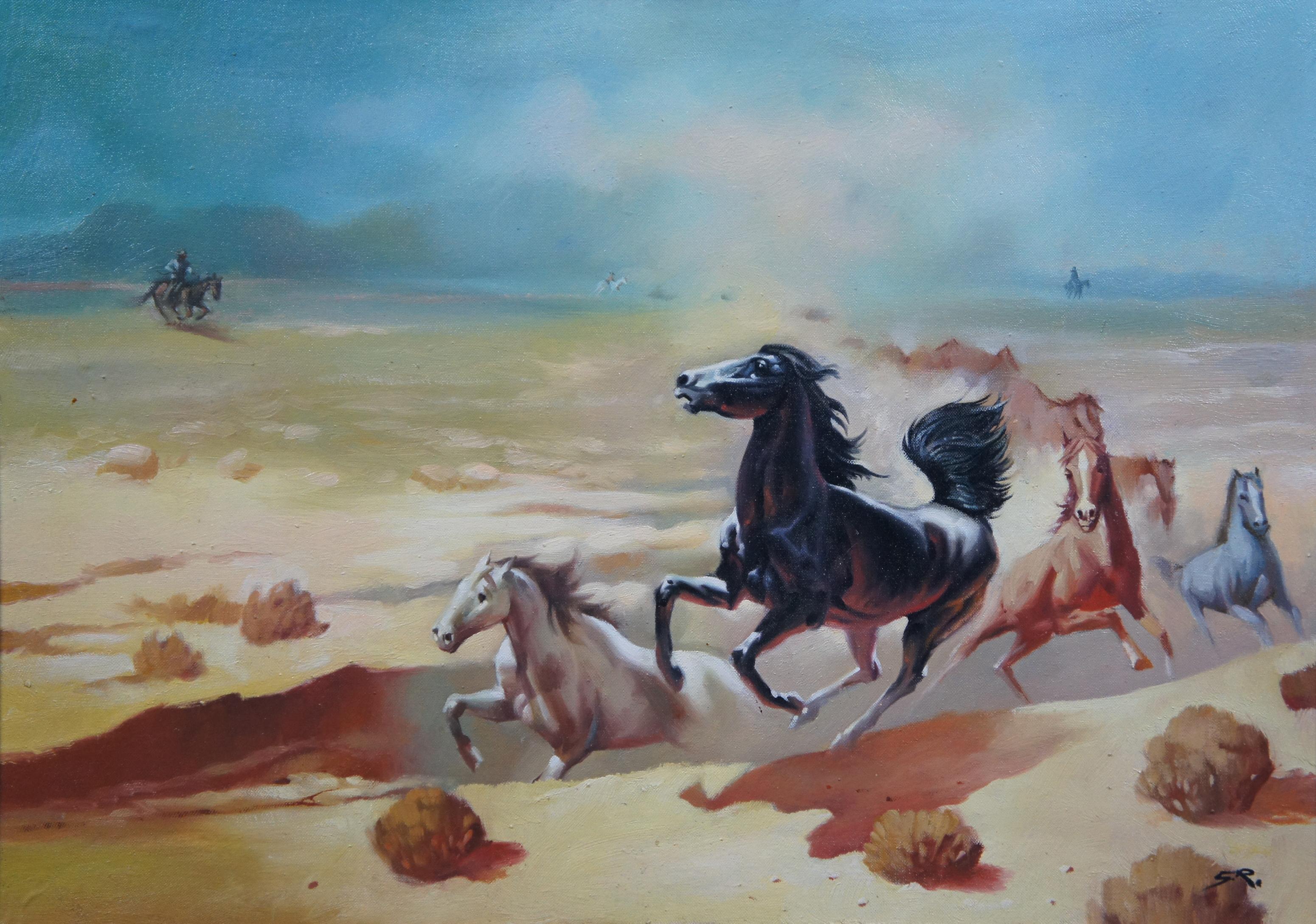 Rustic Original Oil Painting on Canvas Running Wild Horses Desert Landscape Western