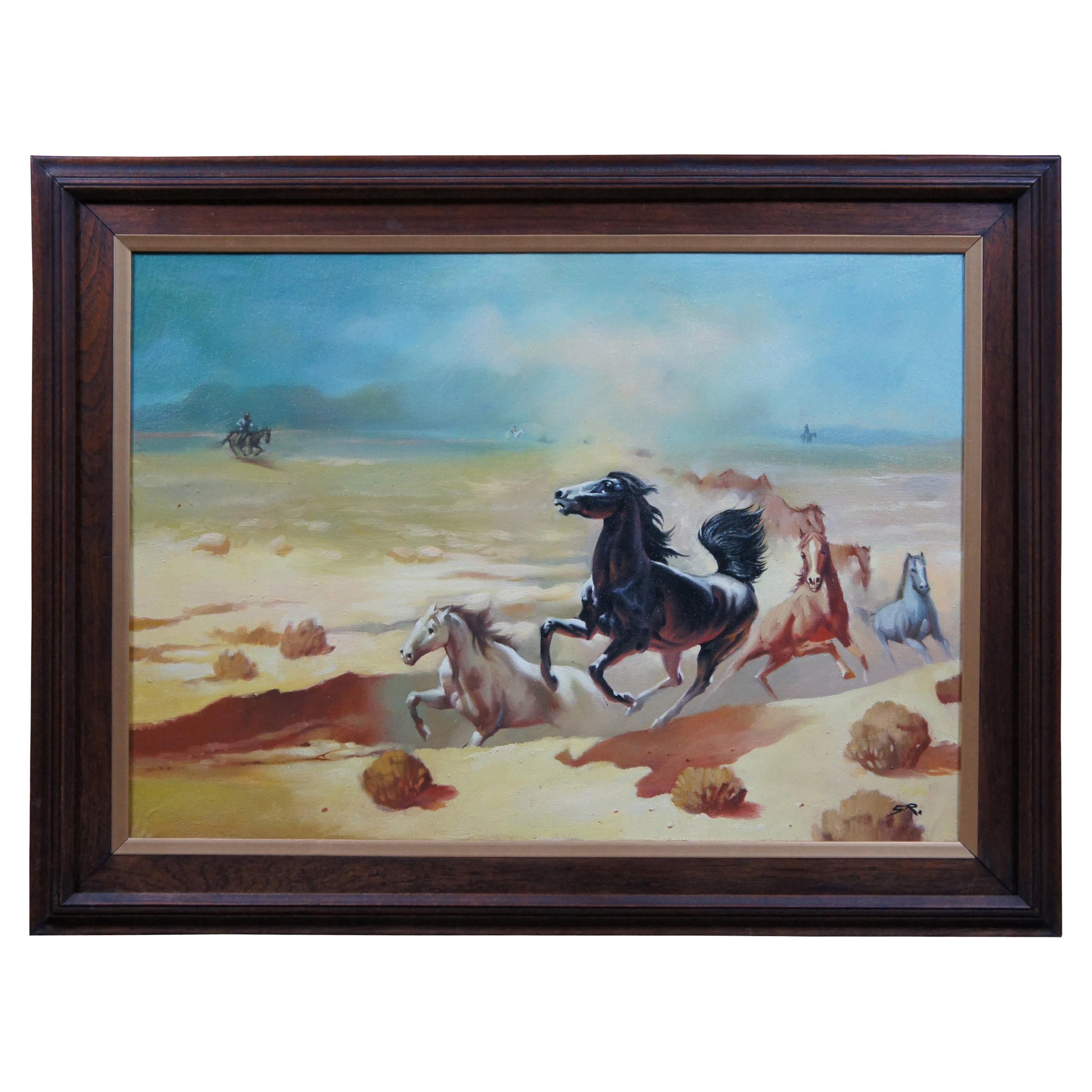 Original Oil Painting on Canvas Running Wild Horses Desert Landscape Western