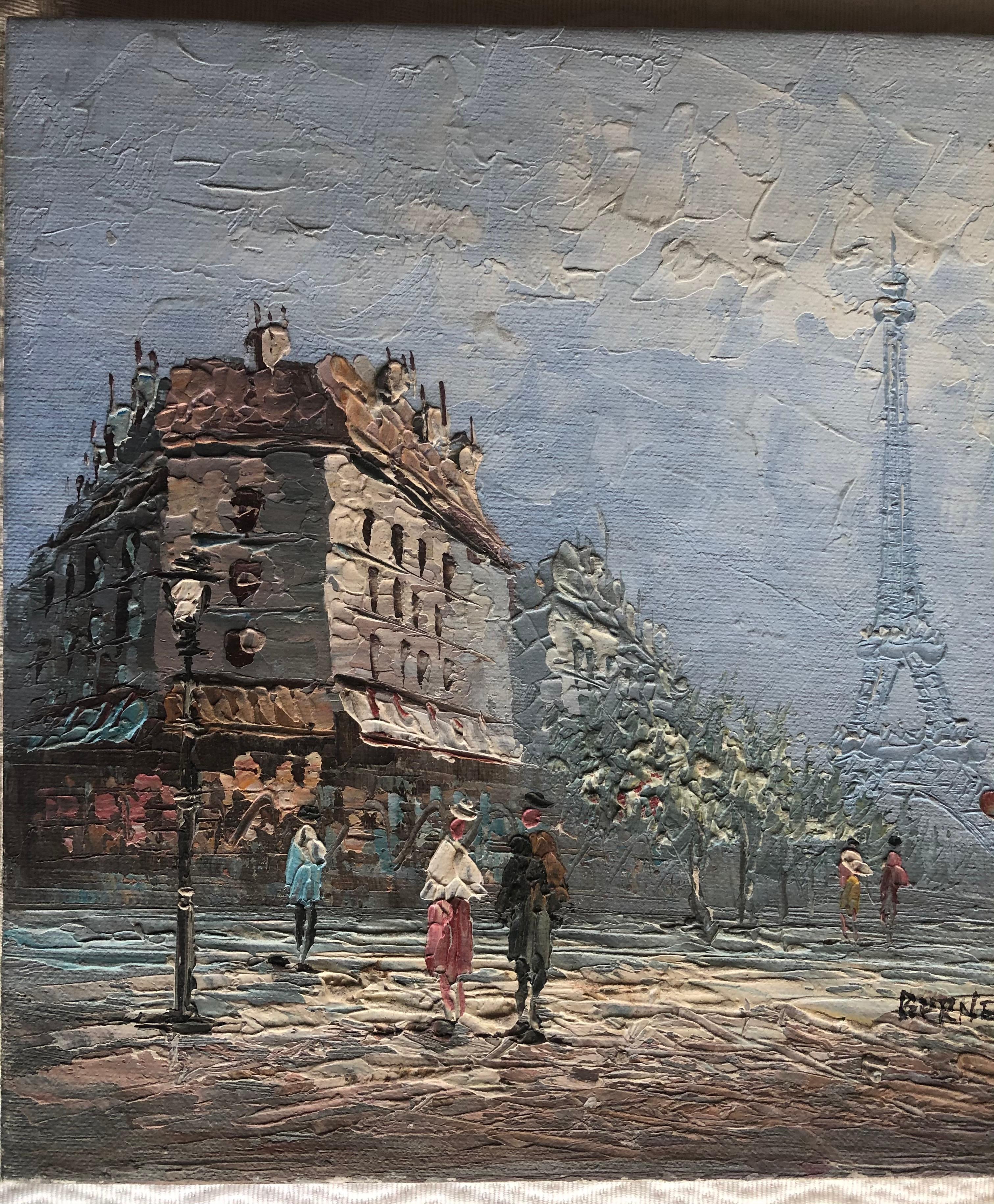 A beautiful view of a landscape or cityscape street scene in Paris, France with the Eiffel Tower in the background. This painting perfectly depicts life in Paris with its restaurants, busy streets, cafes, hotels, monuments, and wonderful