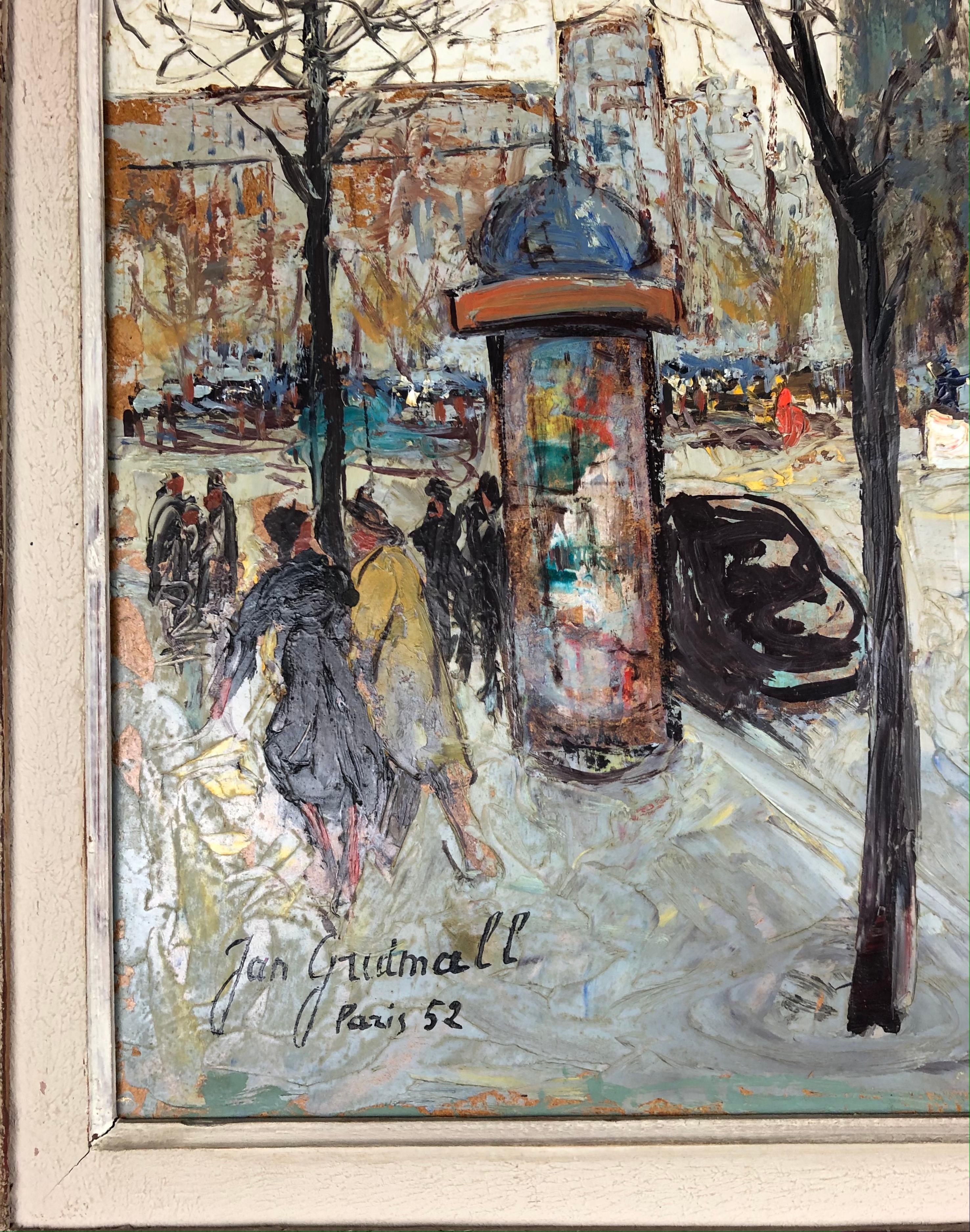 Français Peinture à l'huile - Paysage urbain de Paris par Jan Gridmall, signée et datée de 1952 en vente