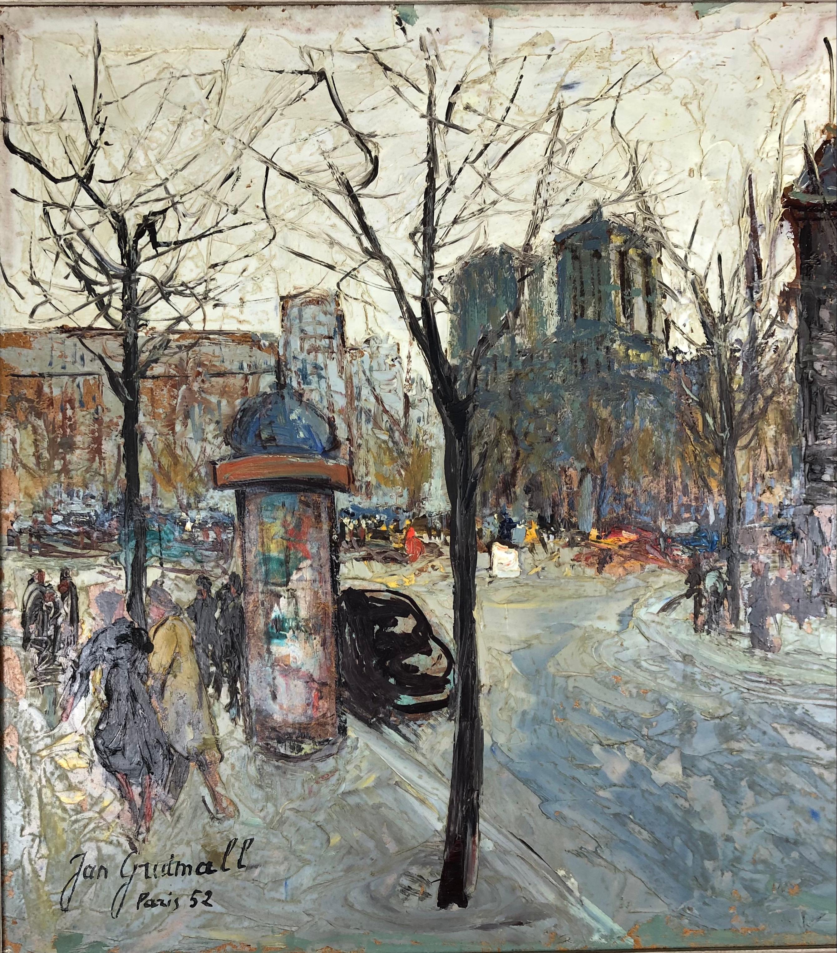 French Paris France Cityscape Oil Painting by Jan Gridmall, Signed and Dated 1952 For Sale