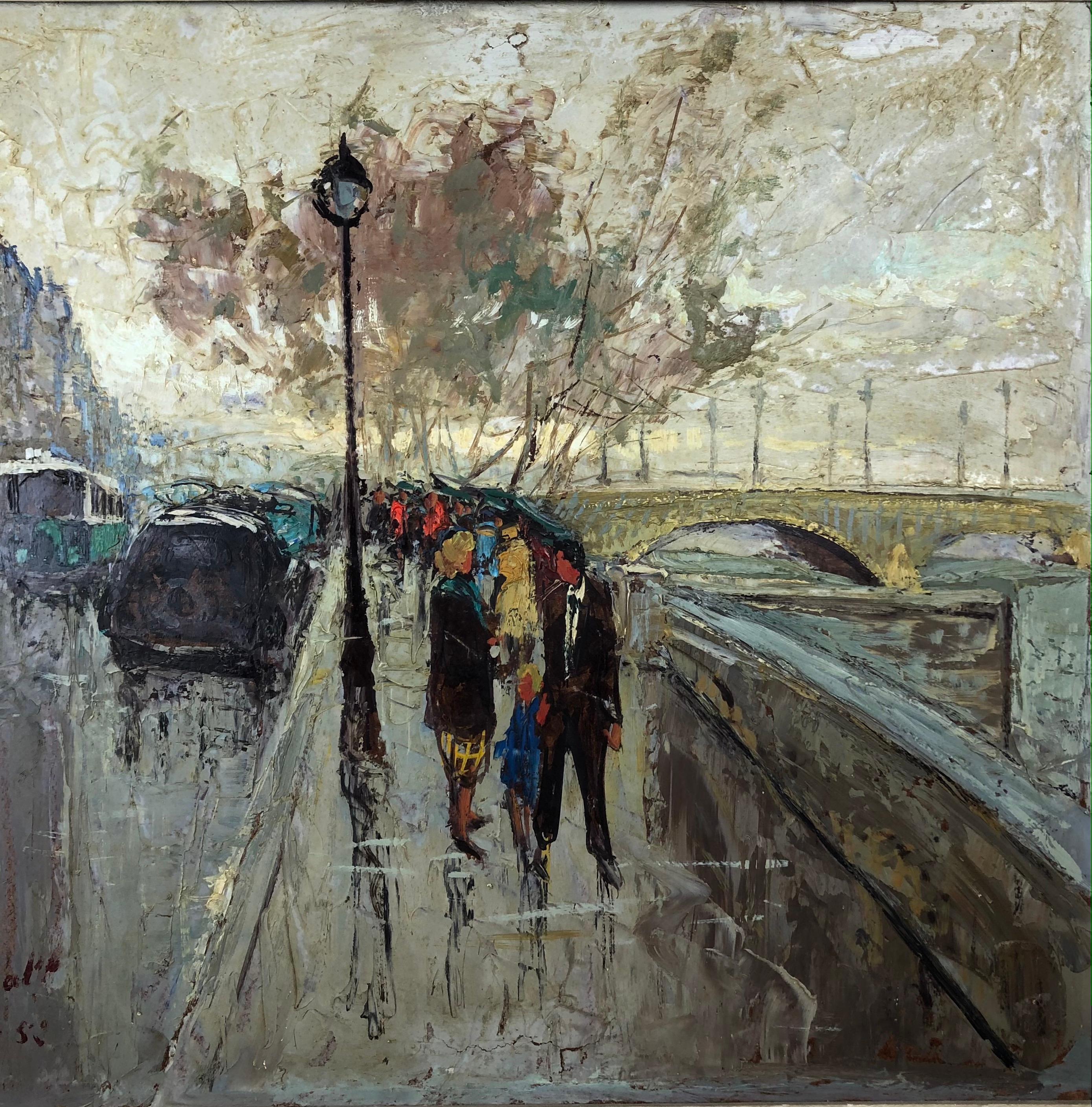 Paris France Cityscape Oil Painting by Jan Gridmall  In Good Condition For Sale In Miami, FL