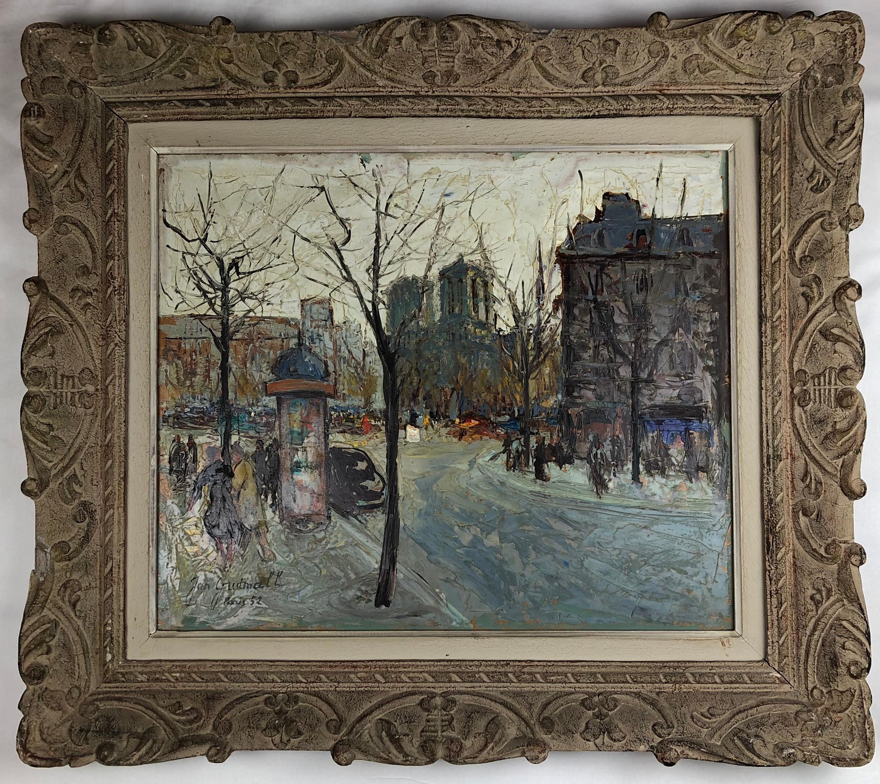 20ième siècle Peinture à l'huile - Paysage urbain de Paris par Jan Gridmall, signée et datée de 1952 en vente