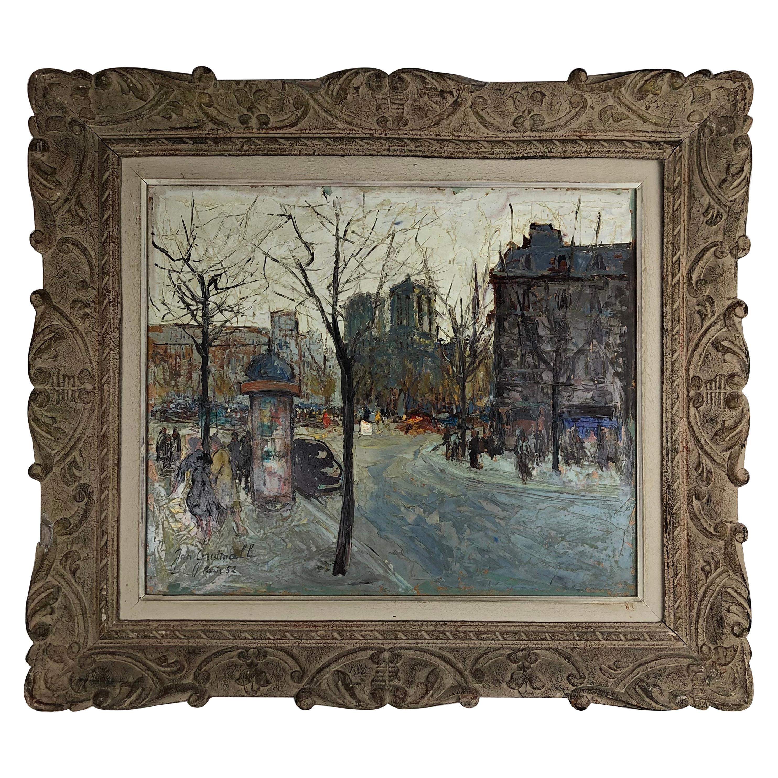 Paris France Cityscape Oil Painting by Jan Gridmall, Signed and Dated 1952 For Sale