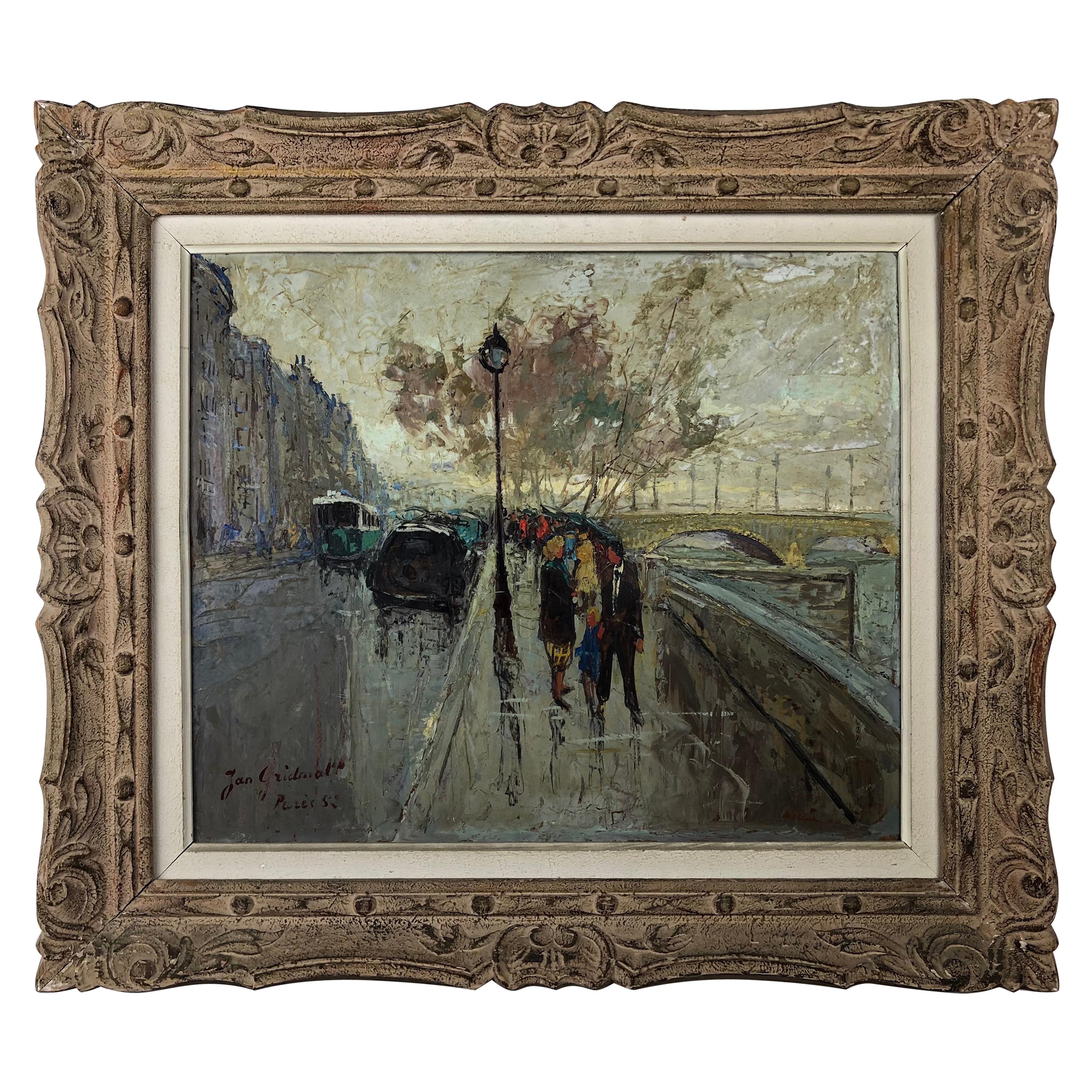 Peinture à l'huile - Paysage urbain de Paris, France par Jan Gridmall  en vente