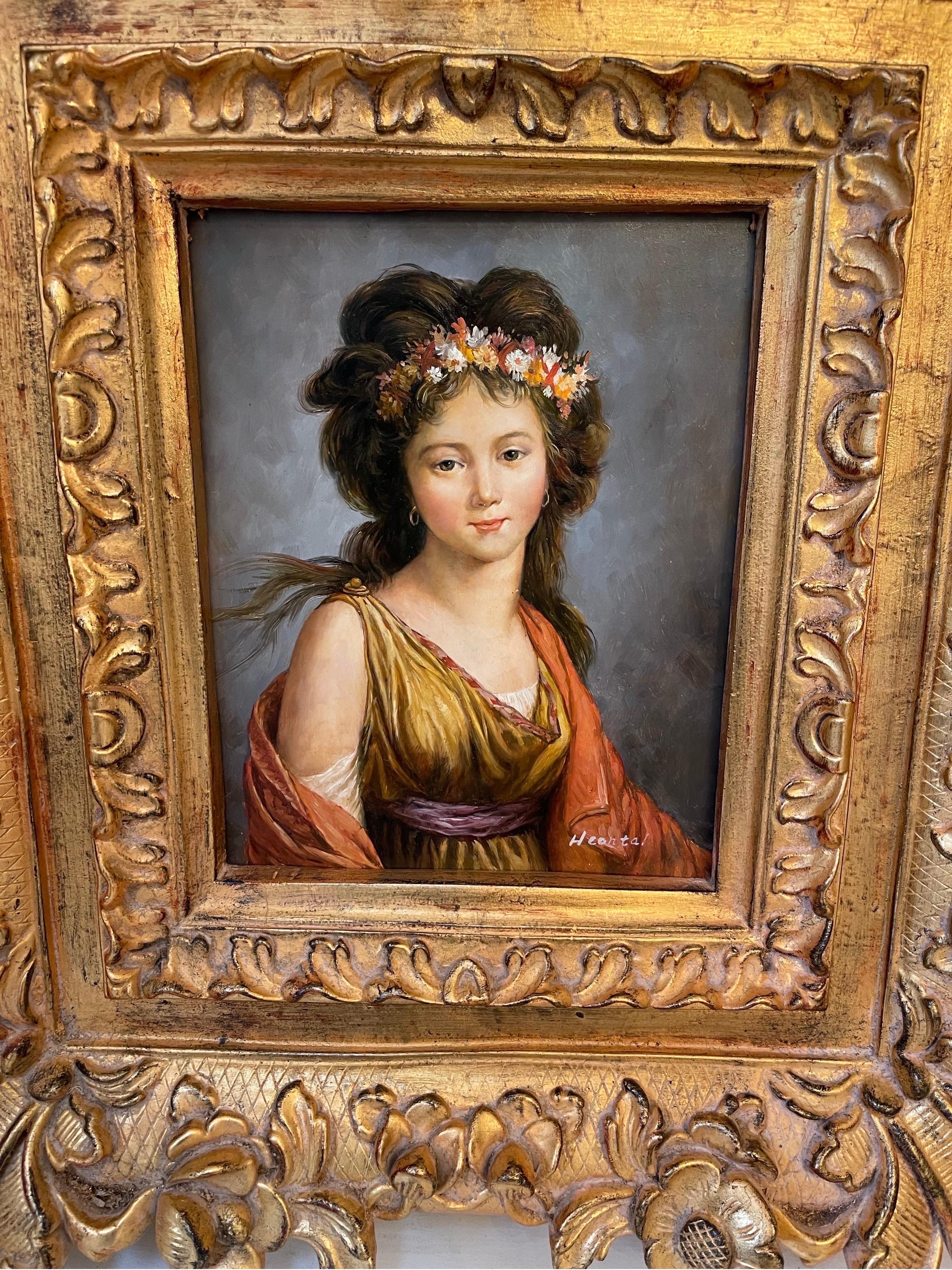 Elegante peinture à l'huile originale sur toile et dans un cadre français en bois doré lourdement sculpté - intitulée 