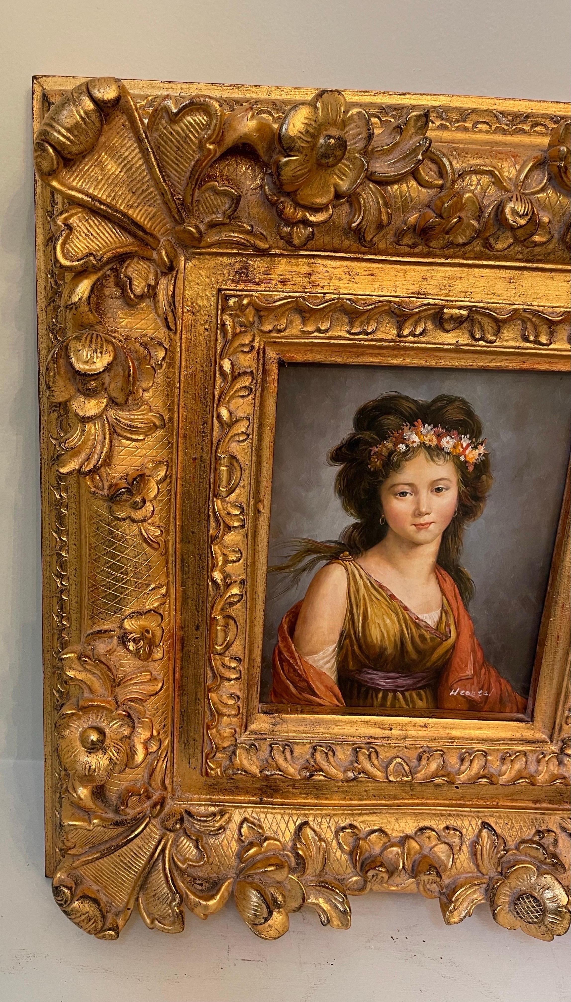 French Original Oil Painting Portrait of Countess Kagenek, as Flora in Carved Frame For Sale