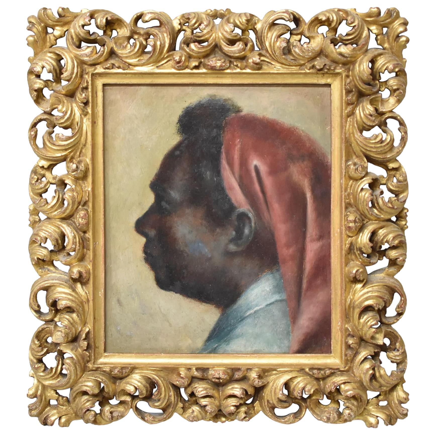 Original Oil Painting Profile Portrait Moroccan Man Carved Italian Frame