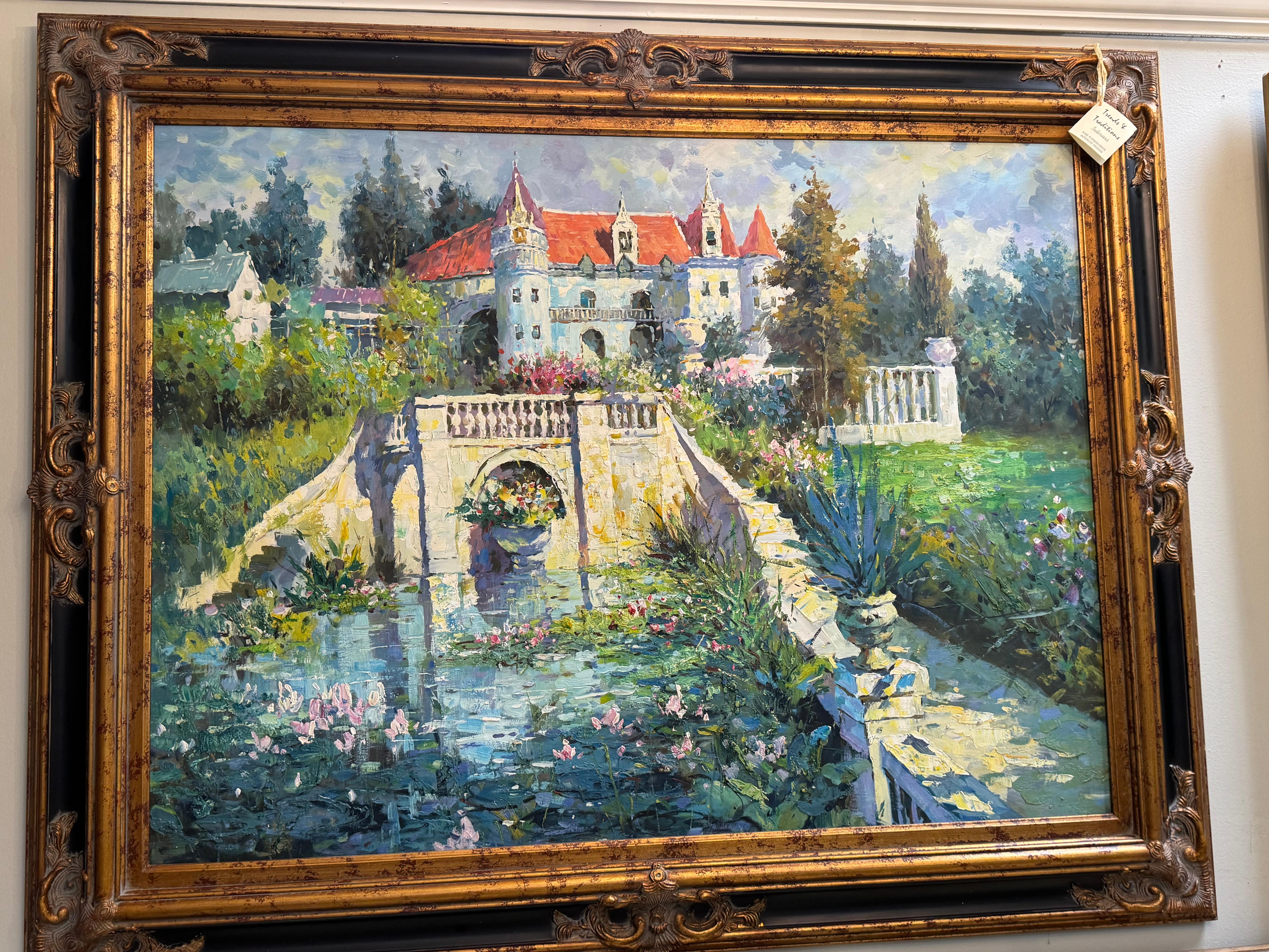 Framed an original xl large painting of a castle and its  ornate colourful garden, after original museum art work by the famous impressionist American artist collin cooper (1850–1937 )The frame is wide ornate black and gold in colour  .  I bought