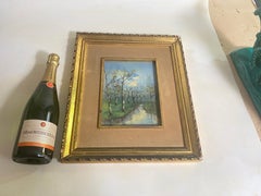 Óleo original que representa un río y árboles Fance Principios del siglo XX