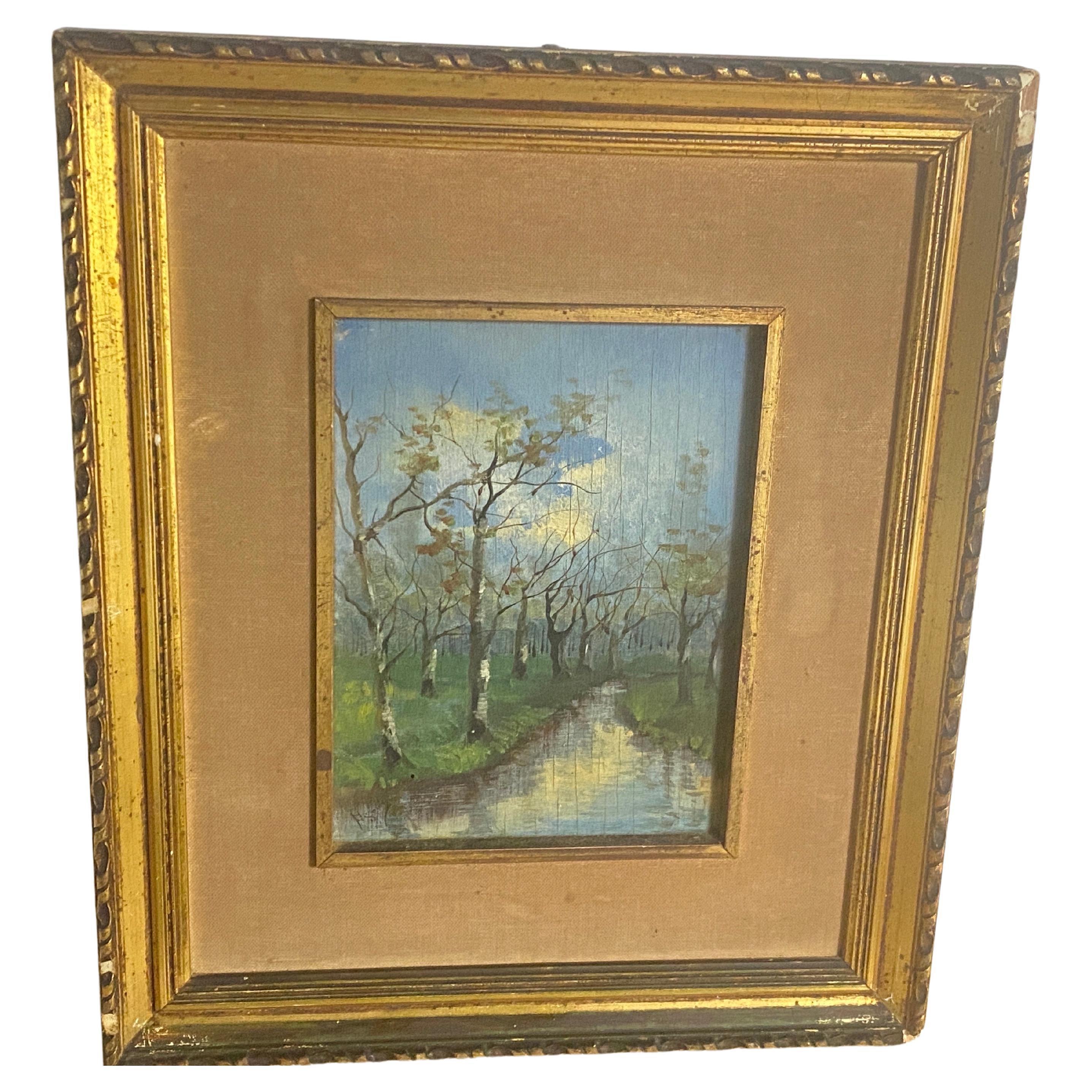 Peinture à l'huile originale représentant une rivière et des arbres Fance début du 20e siècle