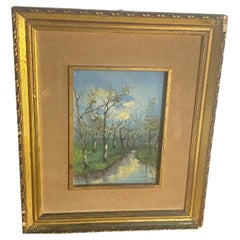 Antique Original Oil Painting Representing a River and Trees Fance Early 20th Century