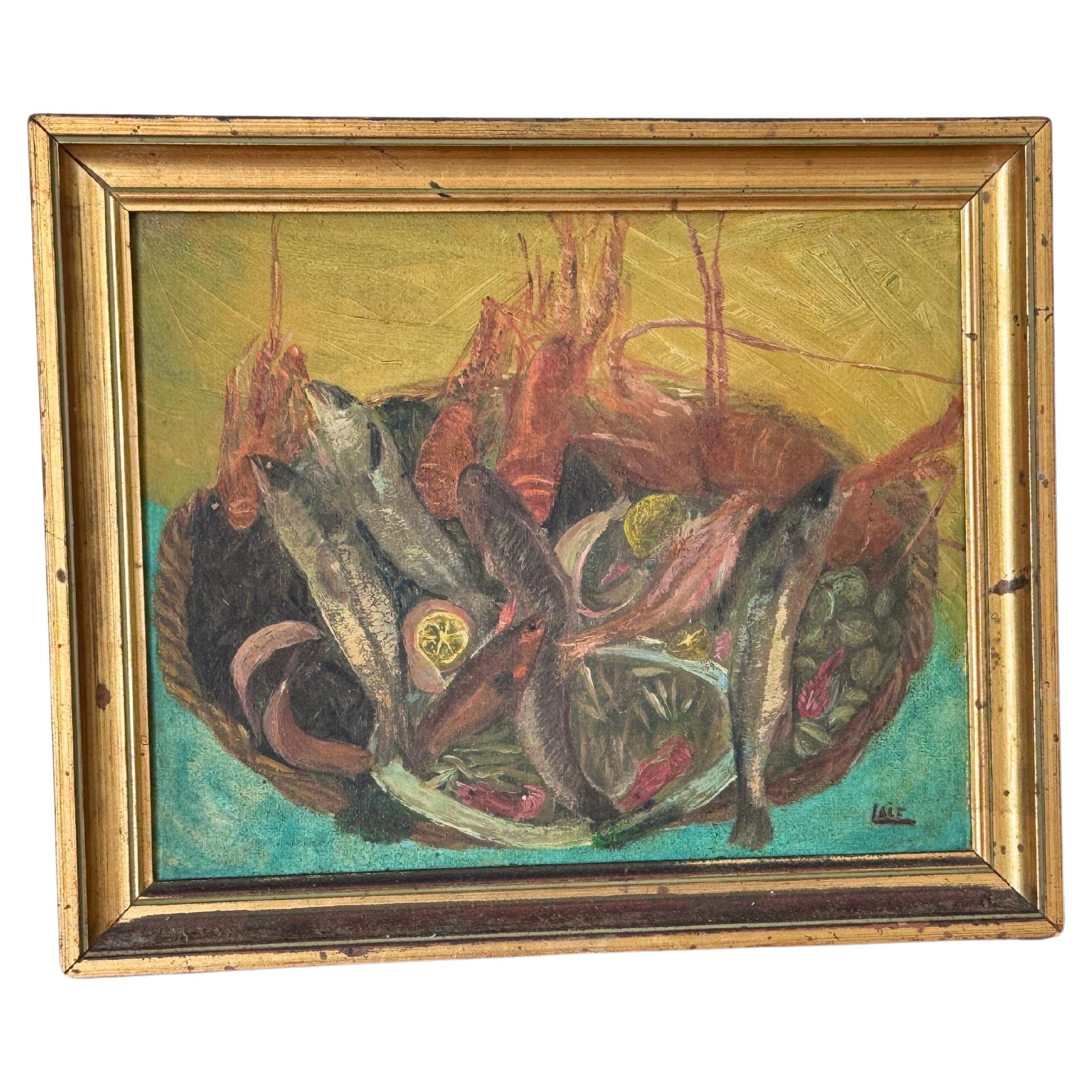 French Original Oil Painting Representing Fishes Fance Early 20th Century For Sale