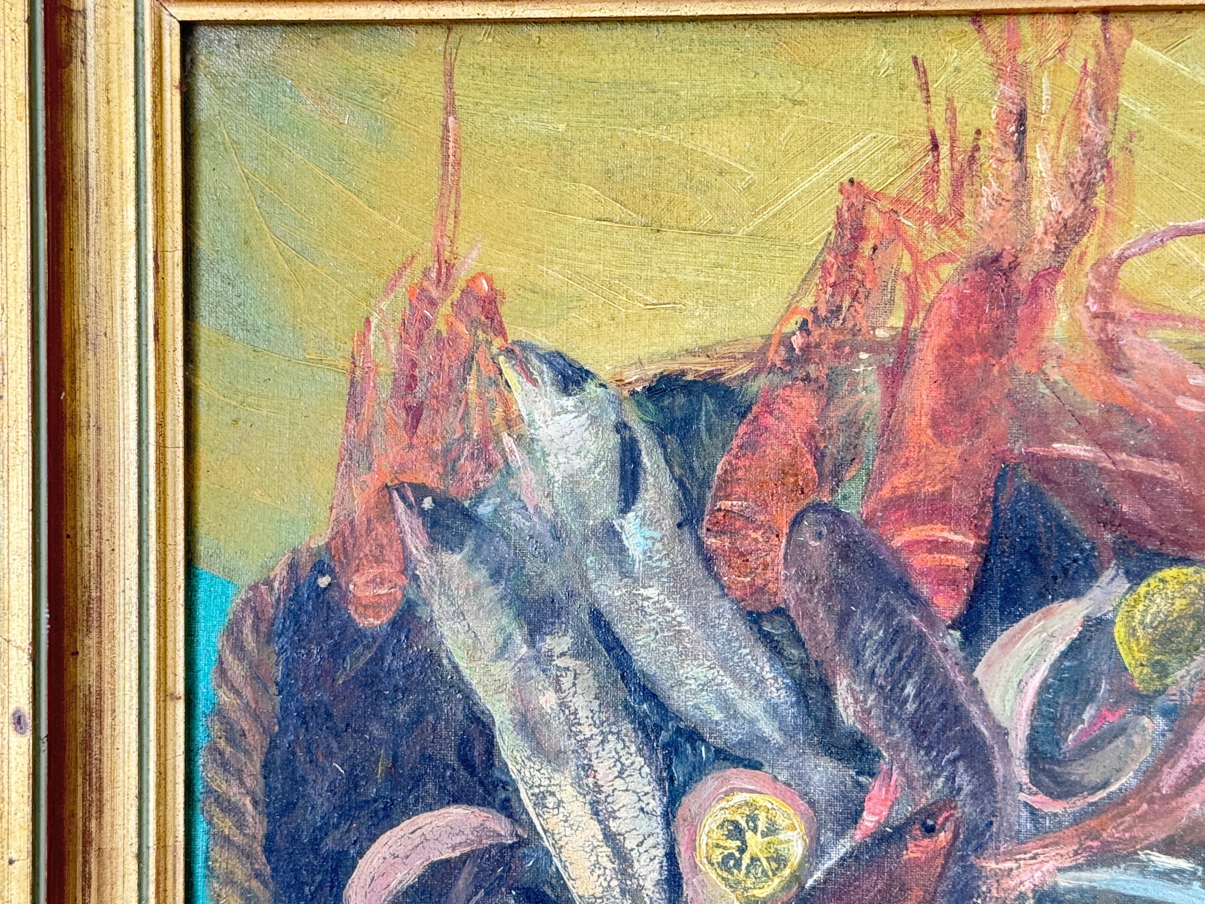 Oiled Original Oil Painting Representing Fishes Fance Early 20th Century For Sale