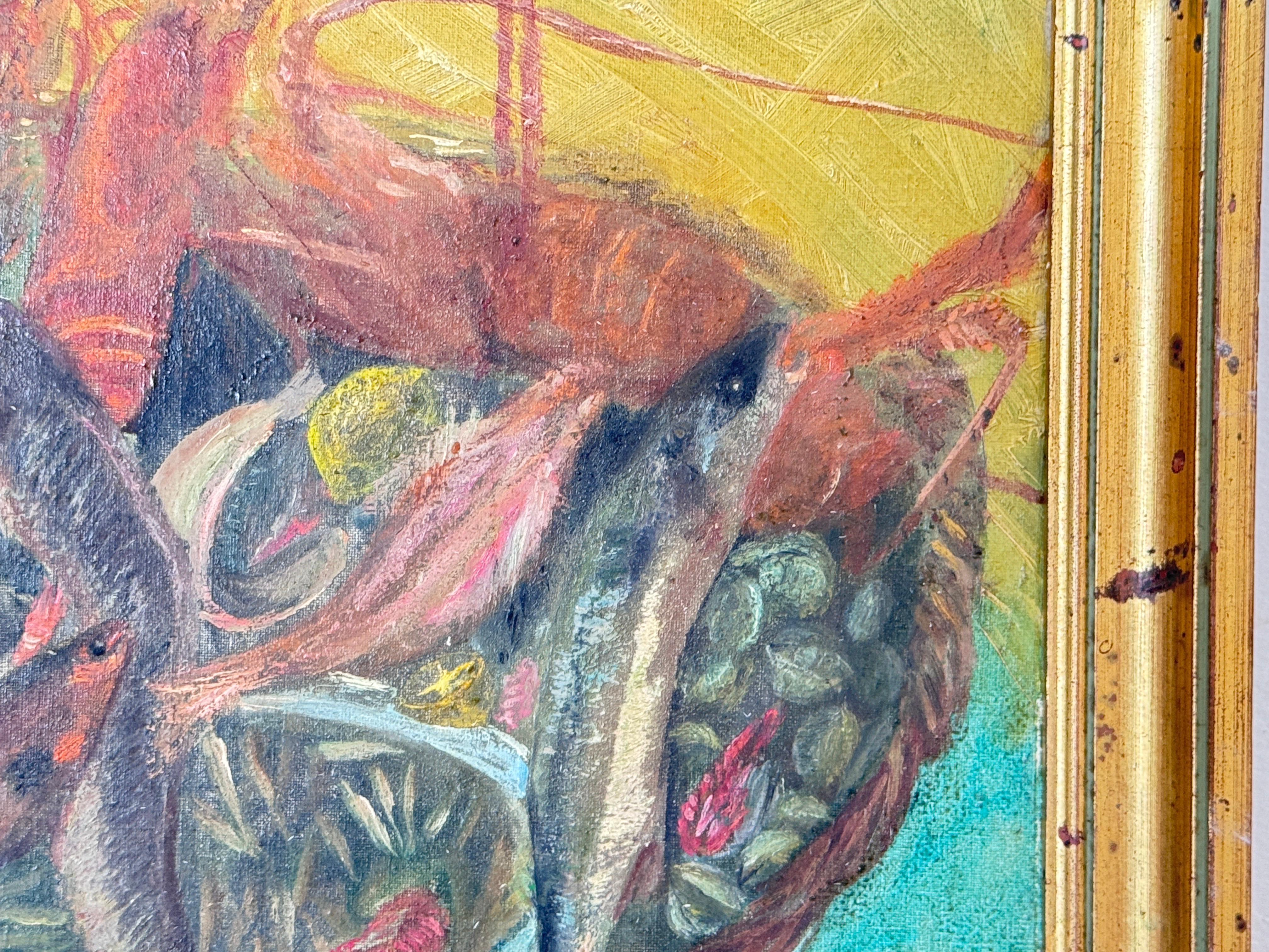 Original Oil Painting Representing Fishes Fance Early 20th Century In Good Condition For Sale In Auribeau sur Siagne, FR