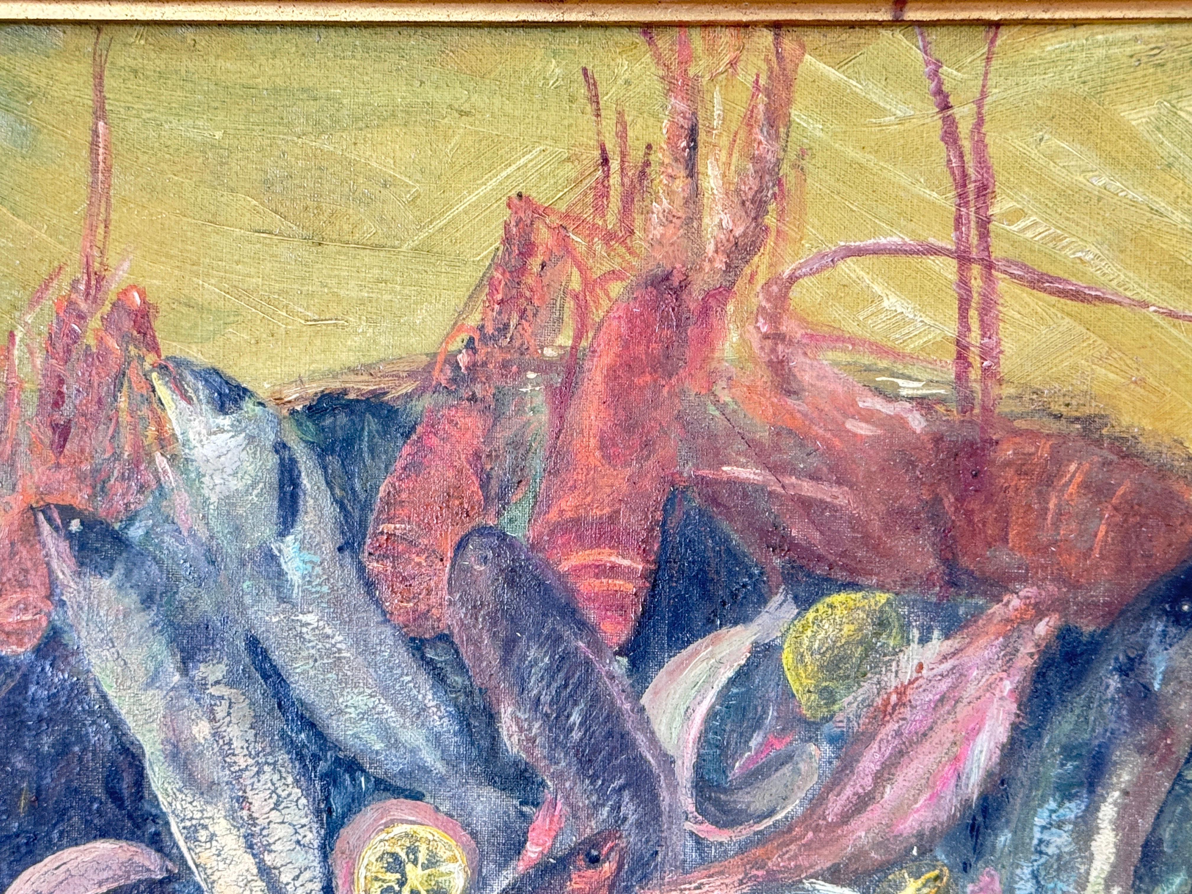 Wood Original Oil Painting Representing Fishes Fance Early 20th Century For Sale