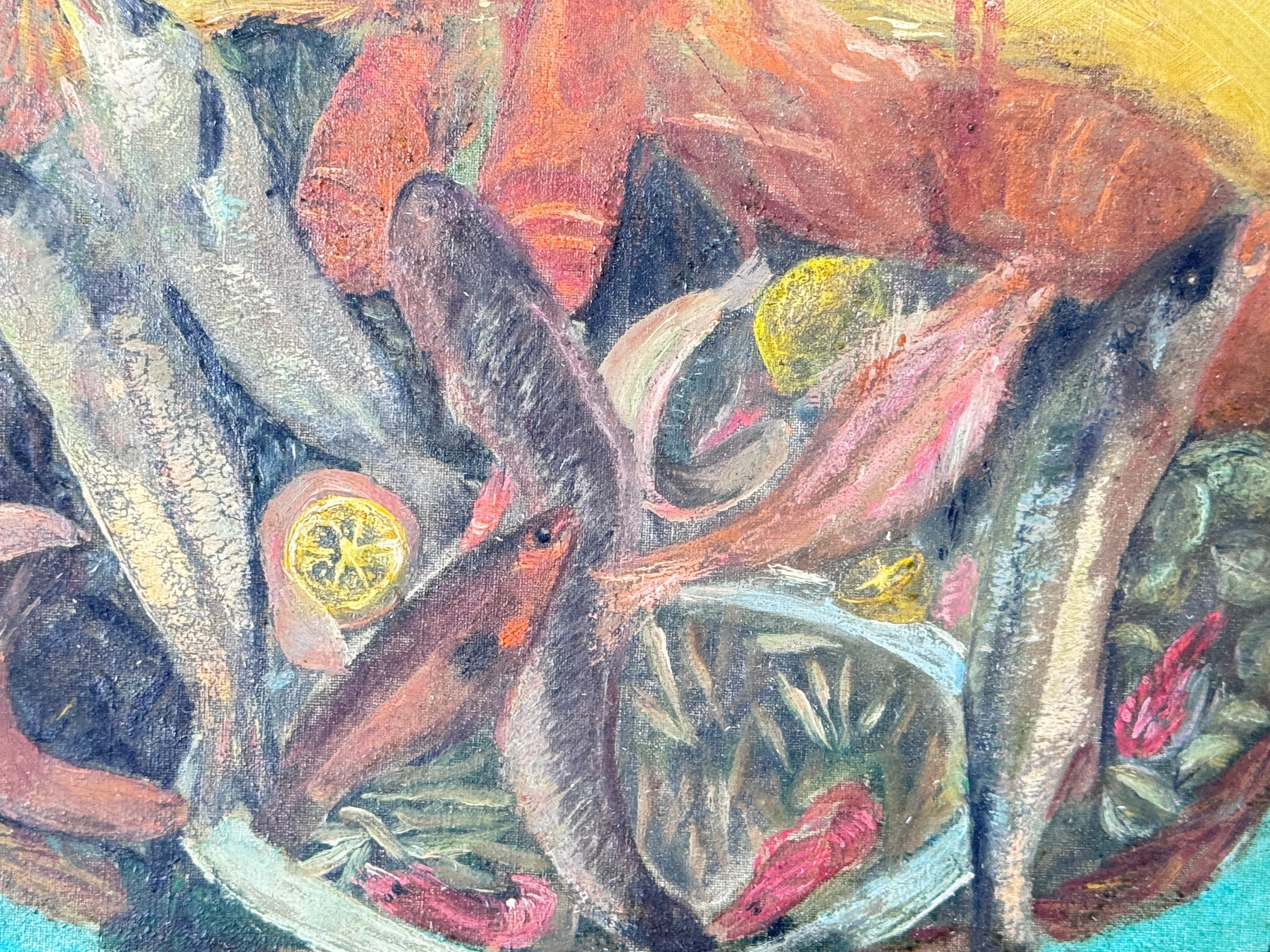 Original Oil Painting Representing Fishes Fance Early 20th Century For Sale 2