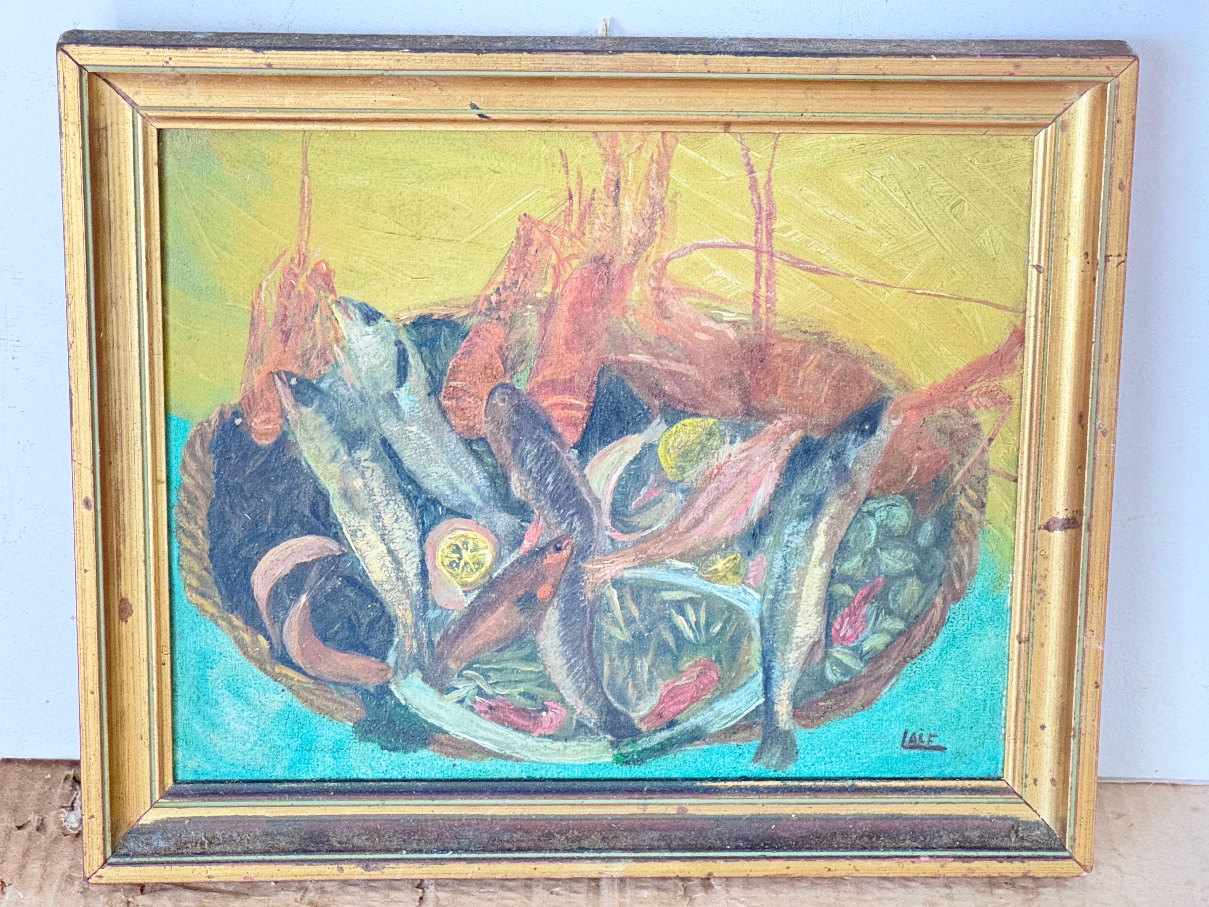 Original Oil Painting Representing Fishes Fance Early 20th Century For Sale 3