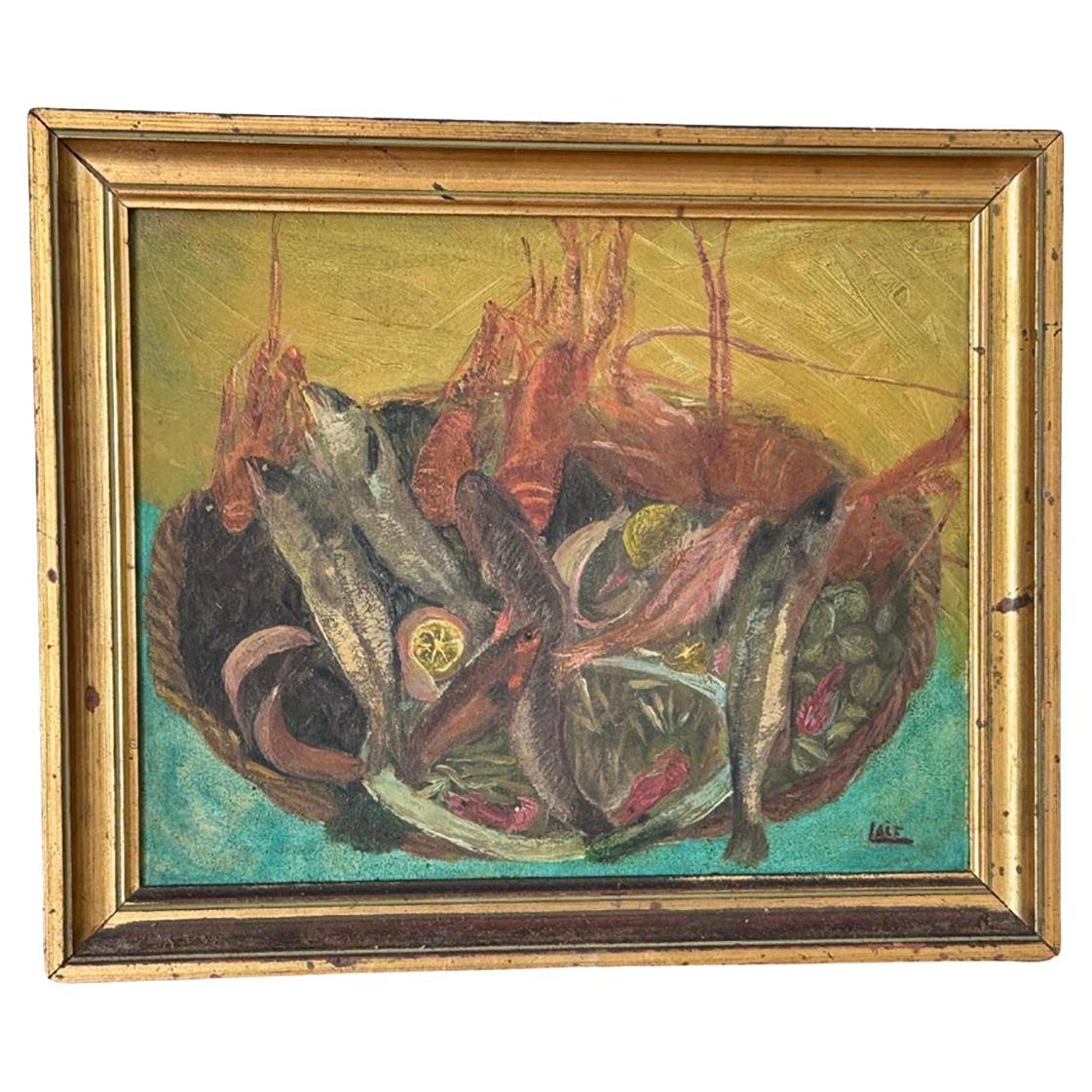Original Oil Painting Representing Fishes Fance Early 20th Century For Sale