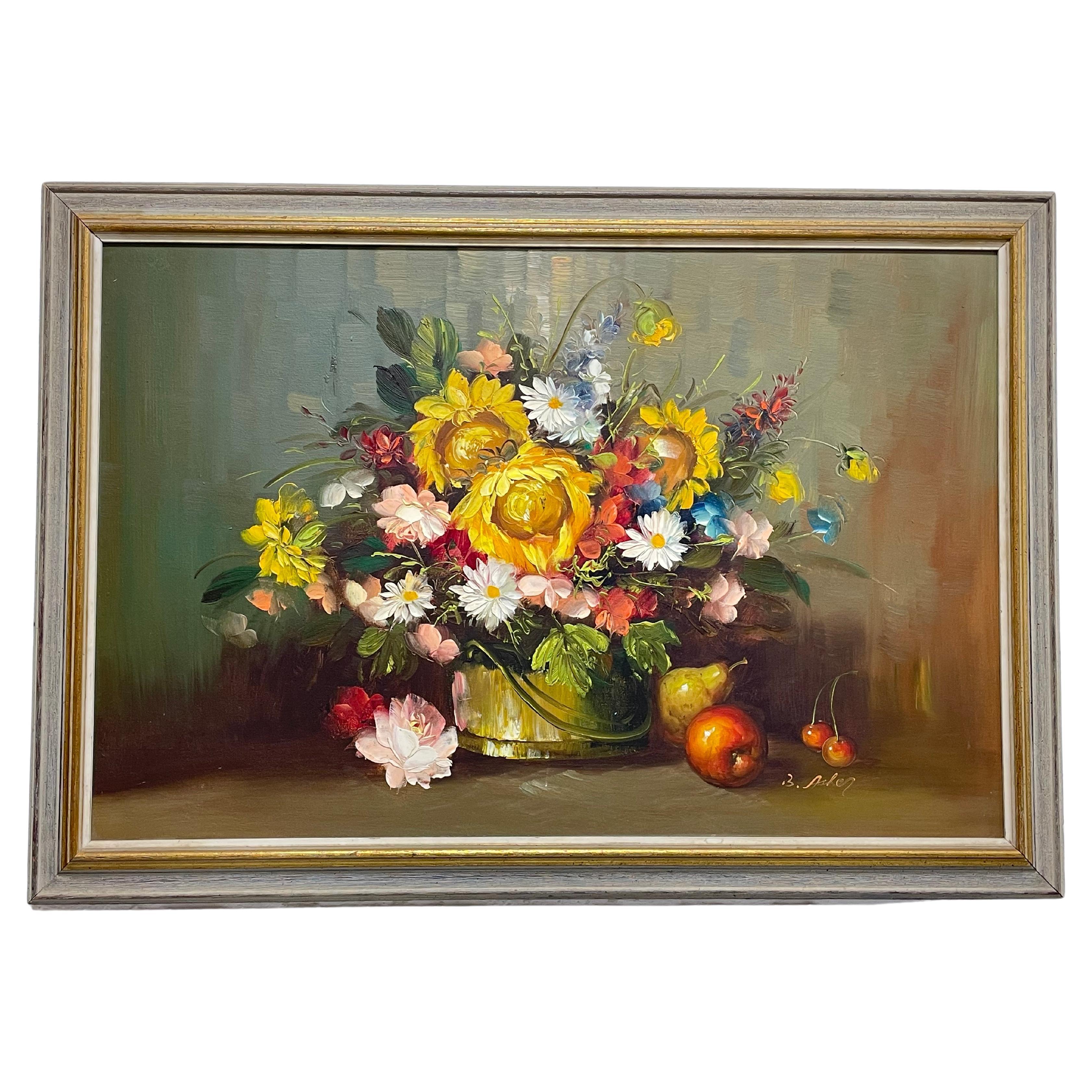 Original oil painting signed B. Asher of bright flowers. Framed in wood frame. Hanging wire along back. 