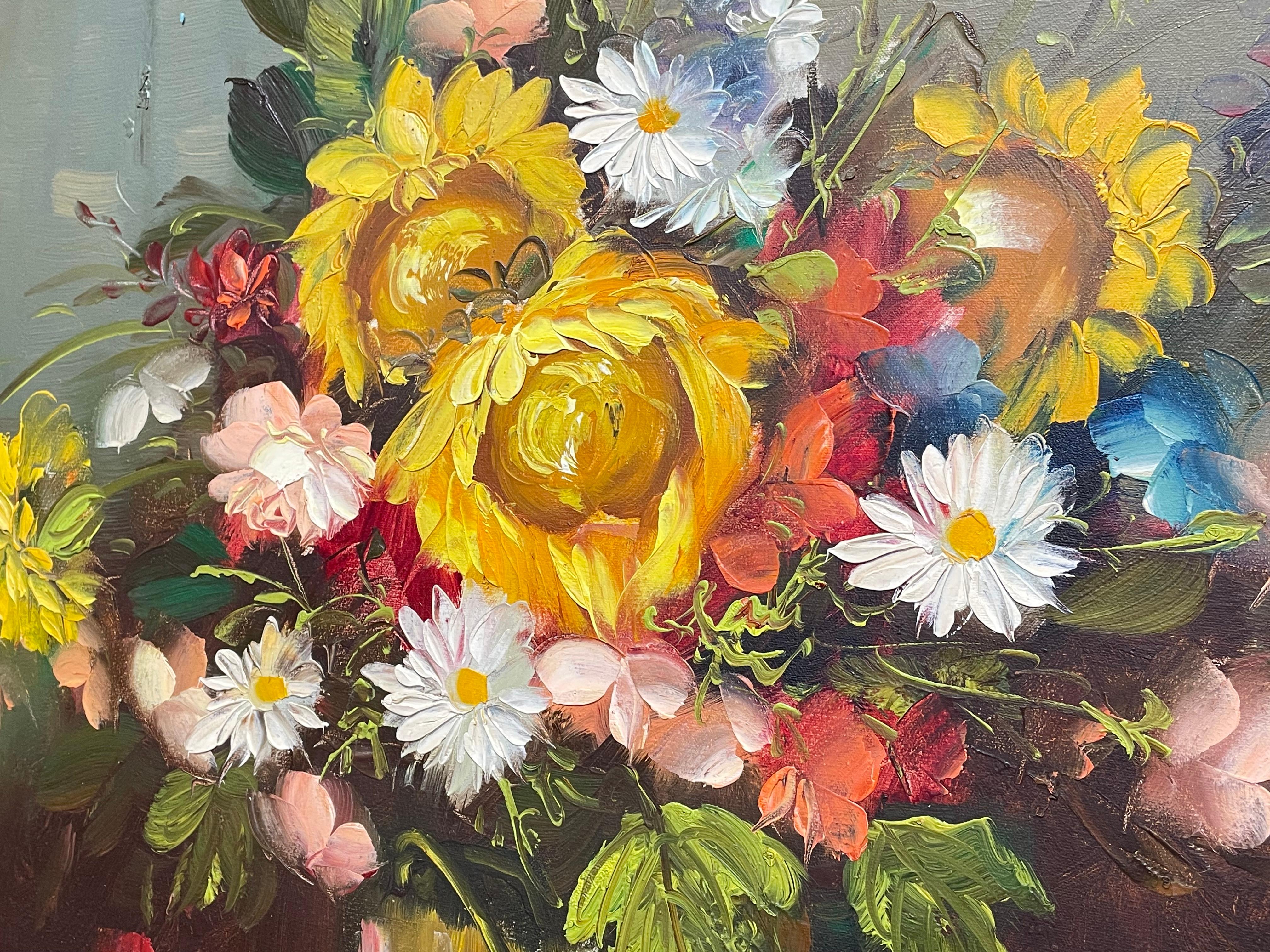 Canvas Original Oil Painting Still Life Bright Floral, c. 1960s For Sale