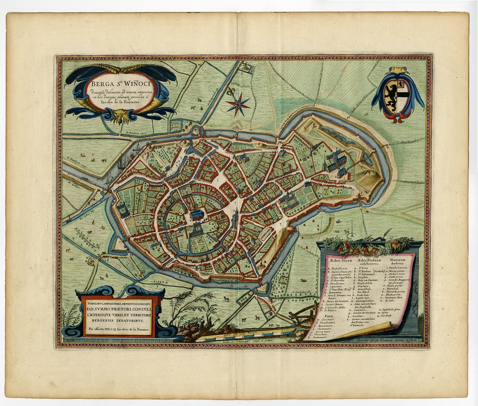 Antique map titled 'Berga Sti Winoci.' - Bird's-eye view plan of Sint-Winoksbergen in France, with key to locations and coats of arms. Text in Dutch on verso. This plan originates from the famous city Atlas: 'Toneel der Steeden' published by Joan