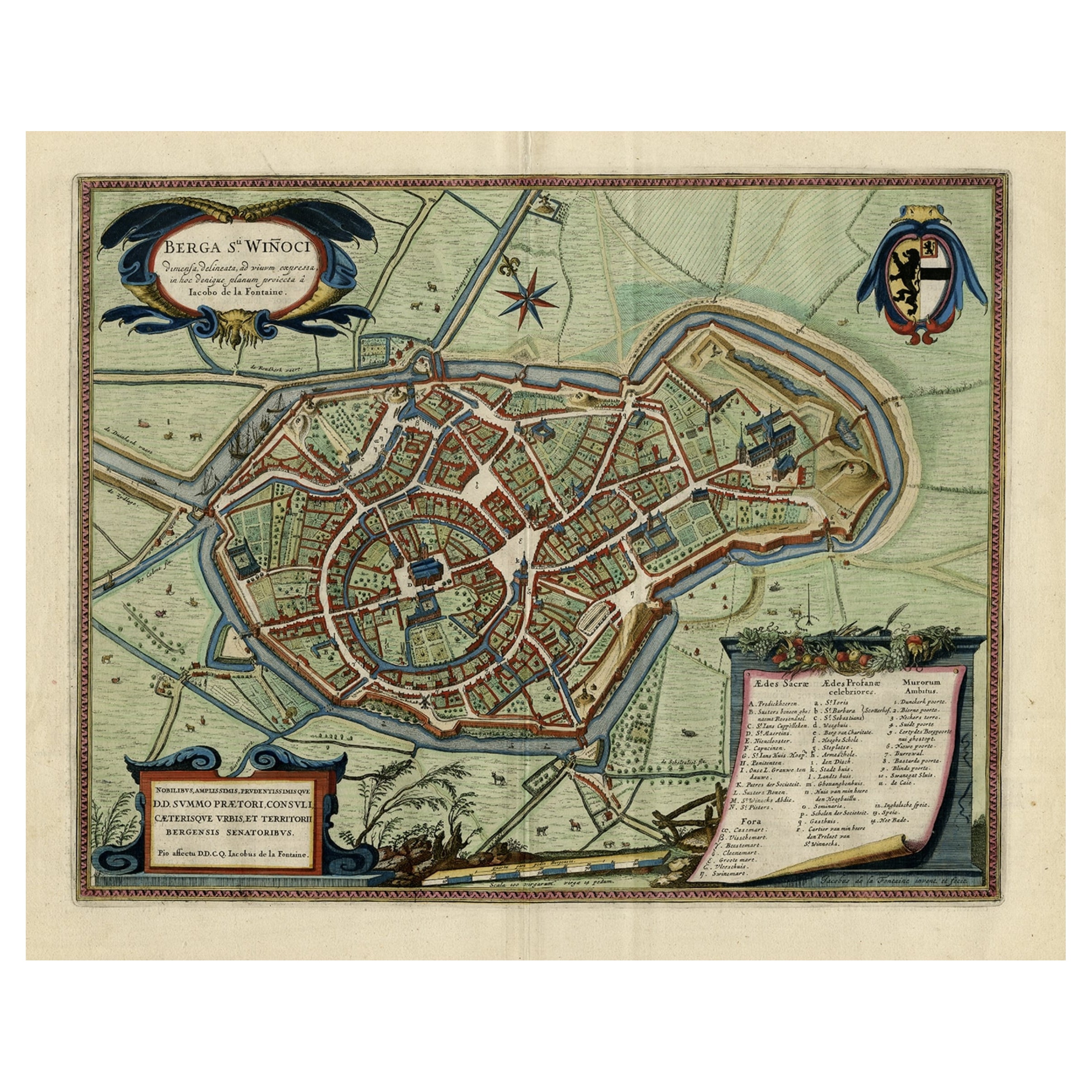 Vecchia pianta originale a volo d'uccello di Sint-Winoksbergen o Bergen in Francia, 1649 in vendita