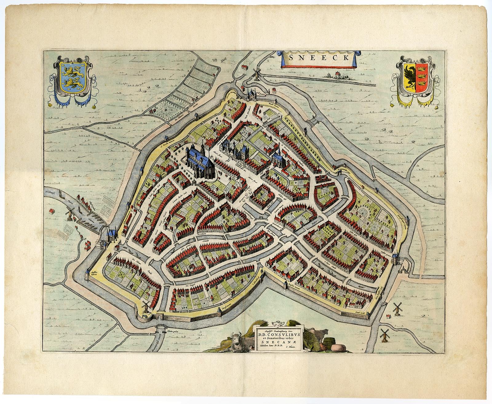 Antique map titled: 'Sneeck.' Bird's-eye view plan of Sneek, Friesland, The Netherlands. Text in Latin on verso. This plan originates from the famous city Atlas: 'Toneel der Steeden' published by Joan Blaeu 1649.

Artists and Engravers: Joan Blaeu