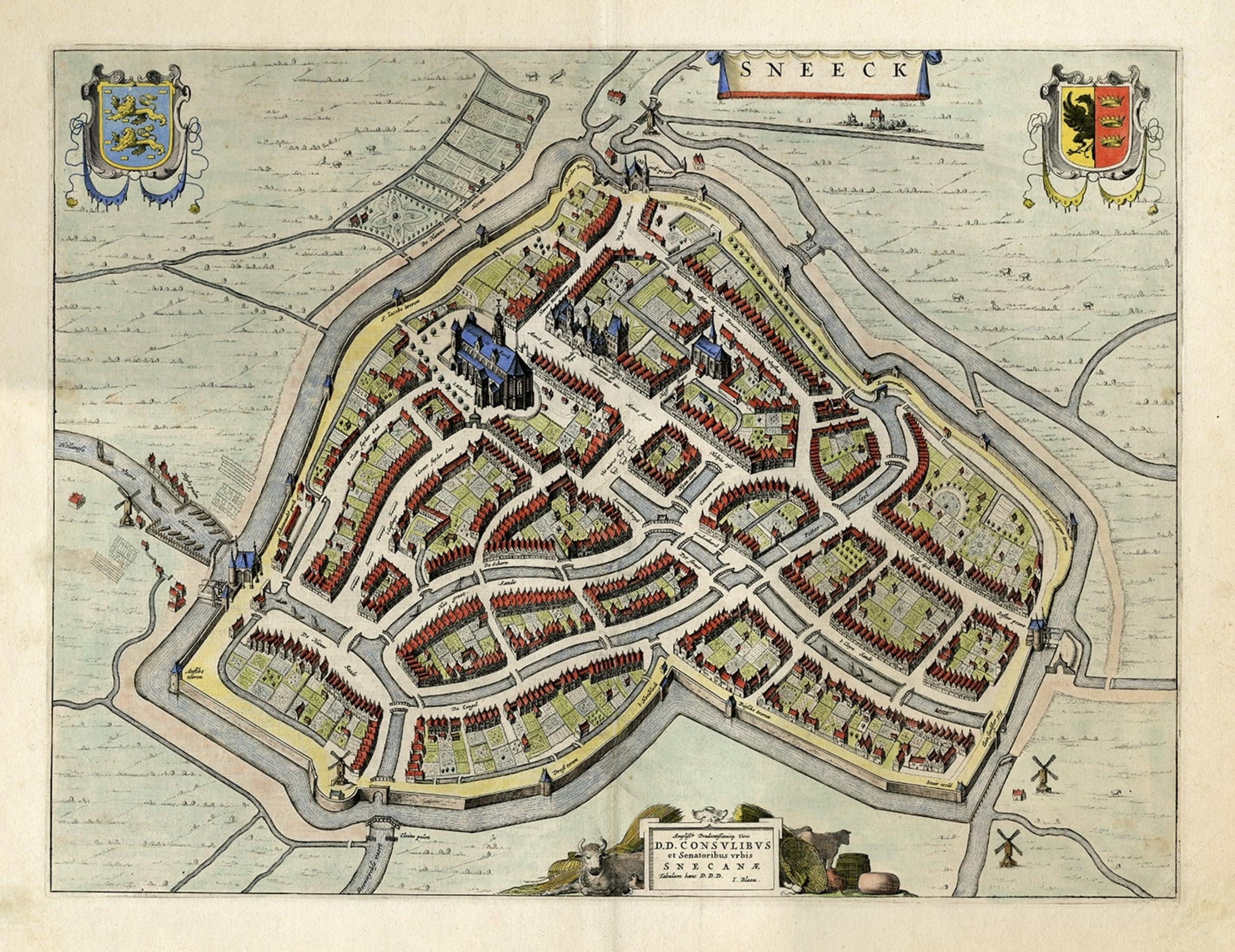 Plan original d'une vue à l'œil d'oiseau de Sneek, Friesland, Pays-Bas, 1649 Bon état - En vente à Langweer, NL