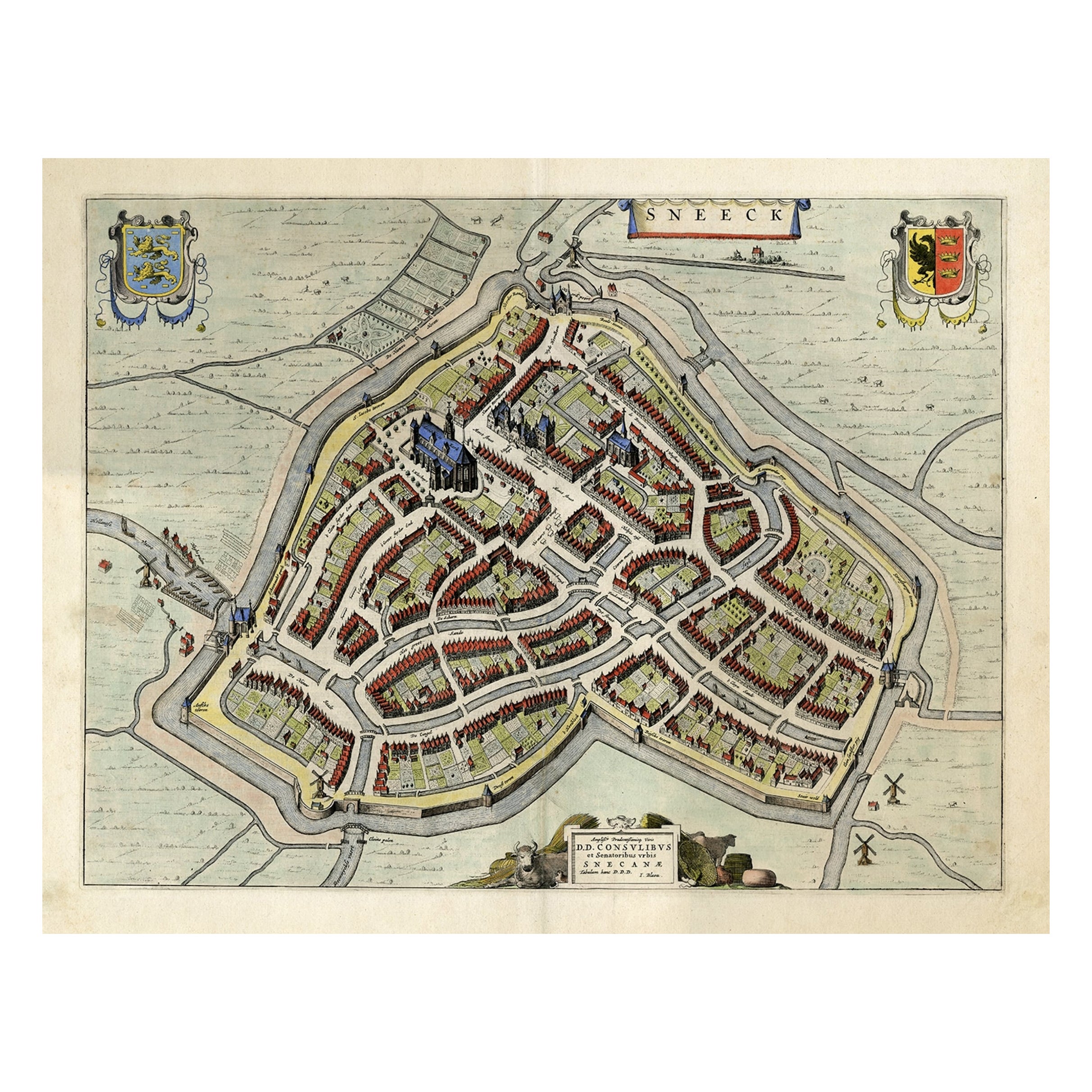 Pianta originale a volo d'uccello di Sneek, Frisia, Paesi Bassi, 1649