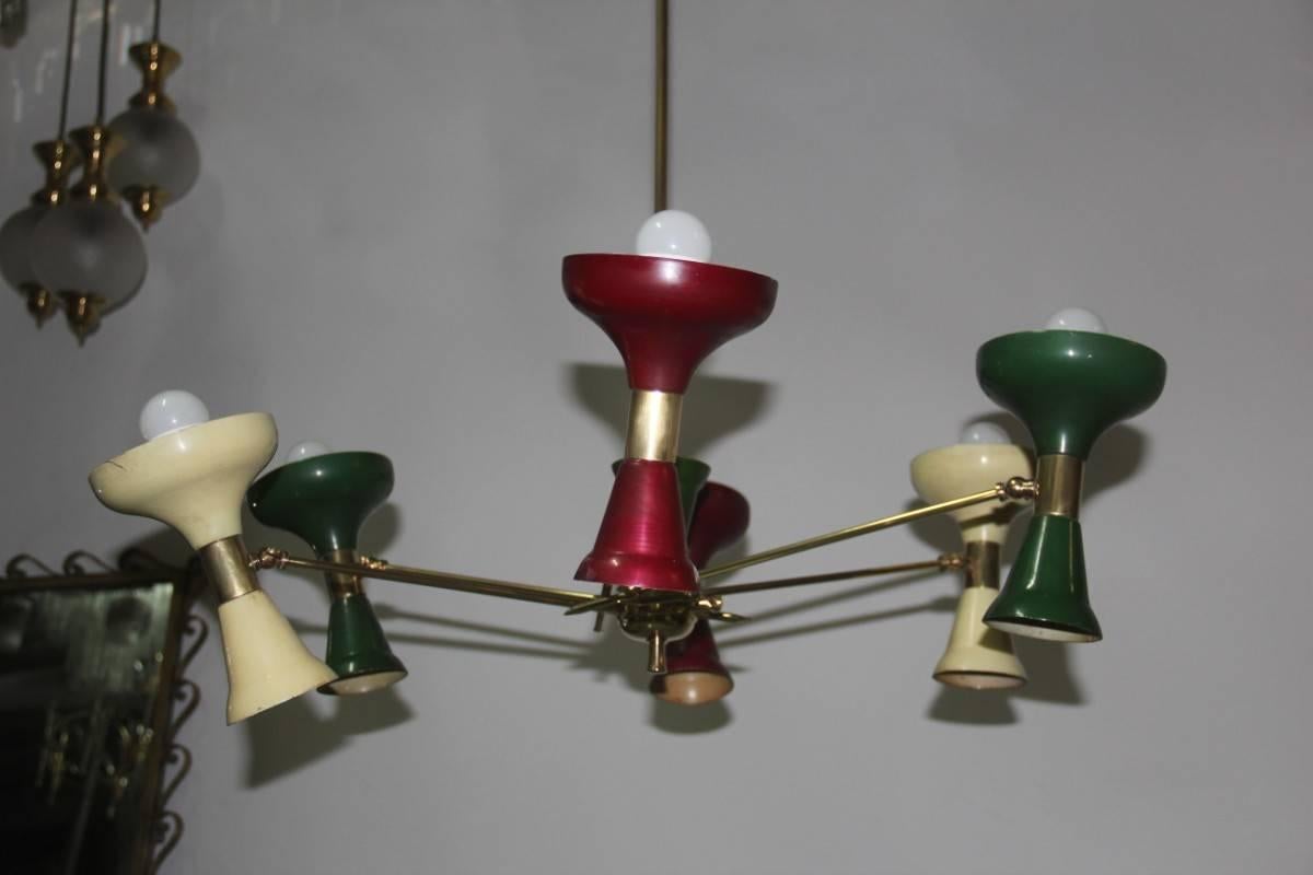 Mid-Century Modern Chandelier Brass 1950s Lacquered Metal Stilnovo Italian  3