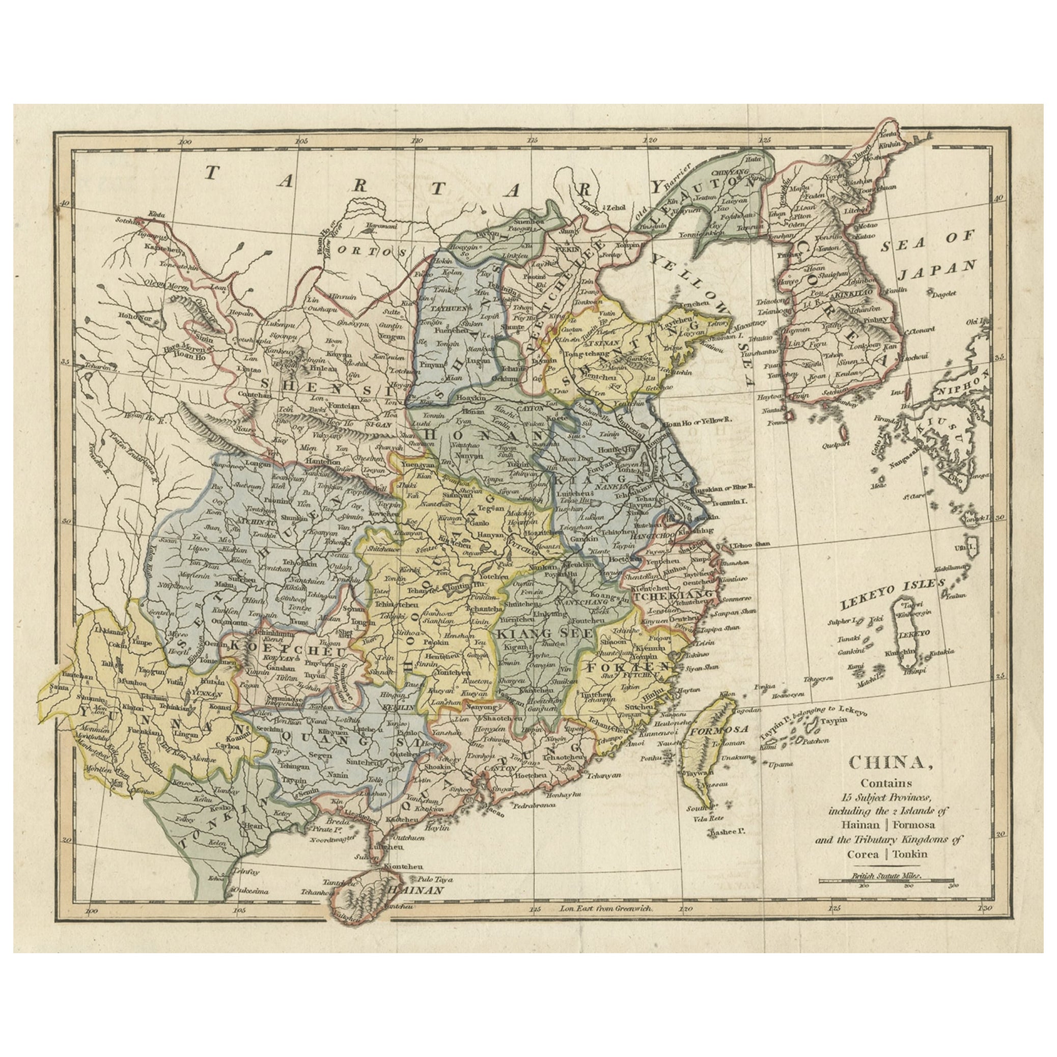 Carte originale de la vieille Chine, de la Corée et de la mer du Japon à l'île de Teypin, 1803