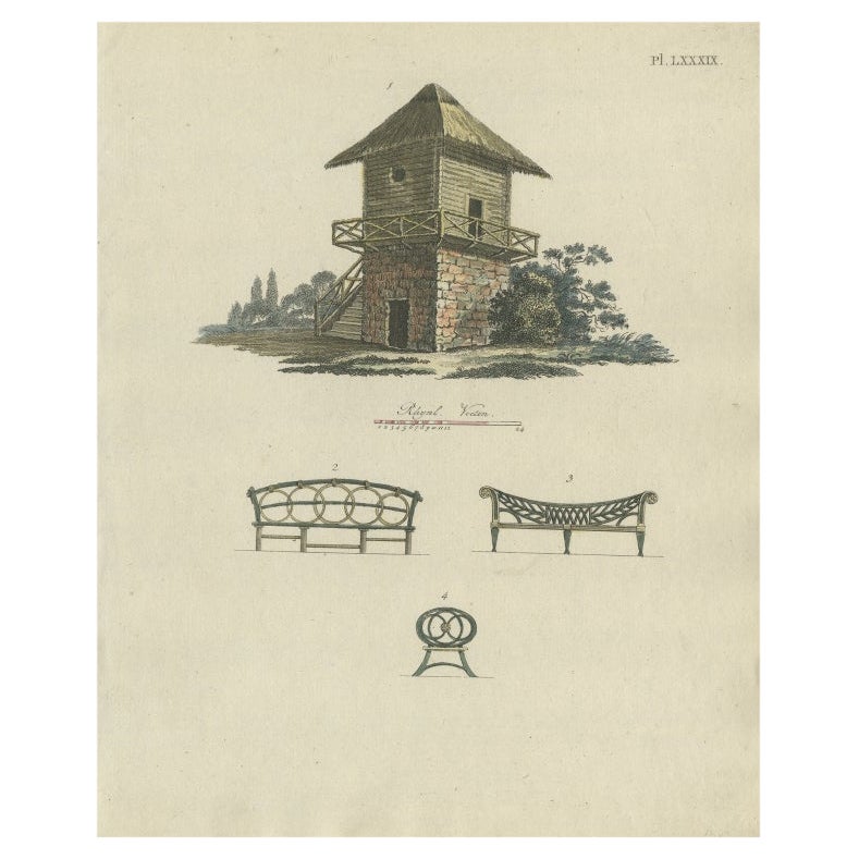 Impression ancienne originale de l'architecture de jardin en couleur ancienne de Van Laar, 1802