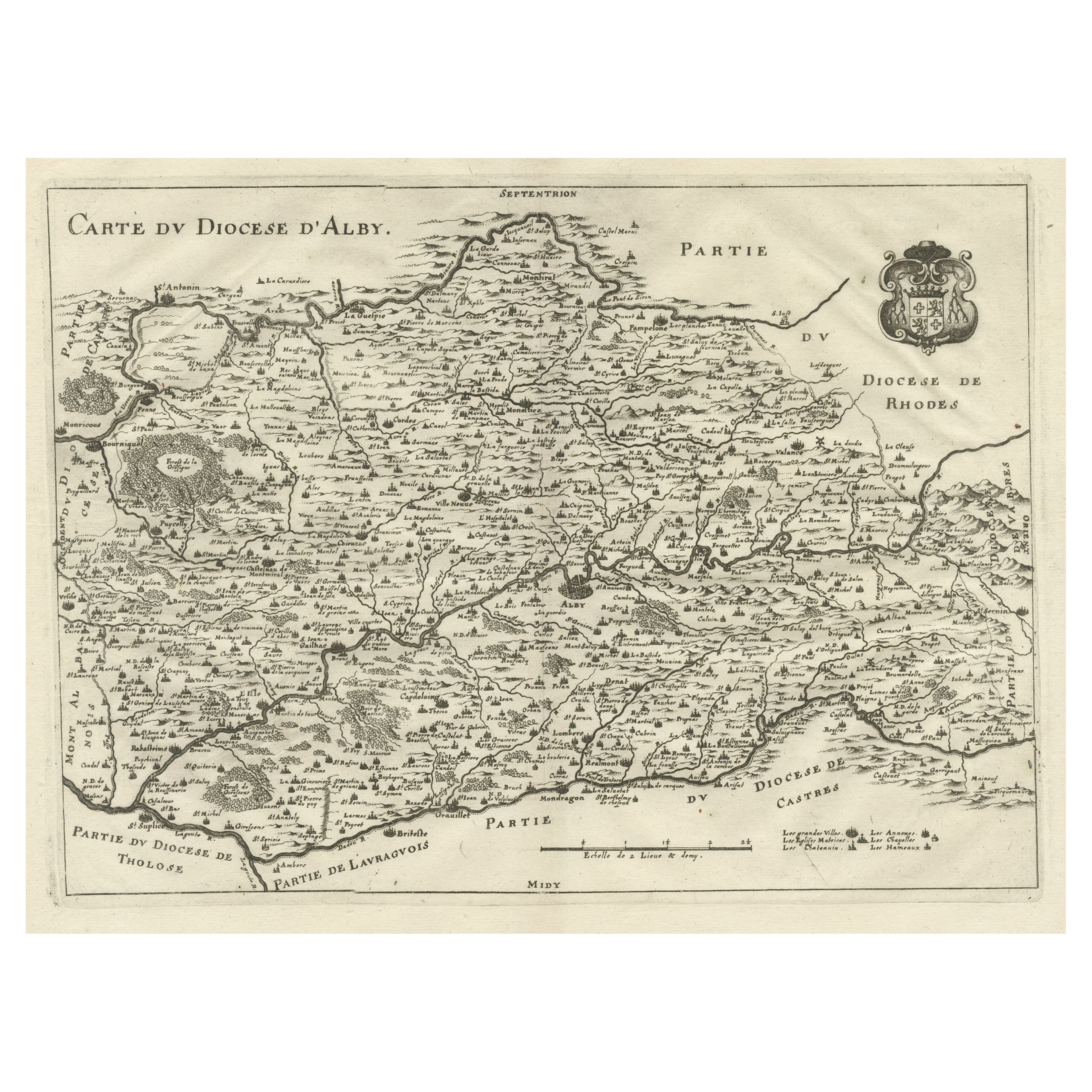 Antica mappa originale incisa in rame della regione di Albi, Southern France, 1663