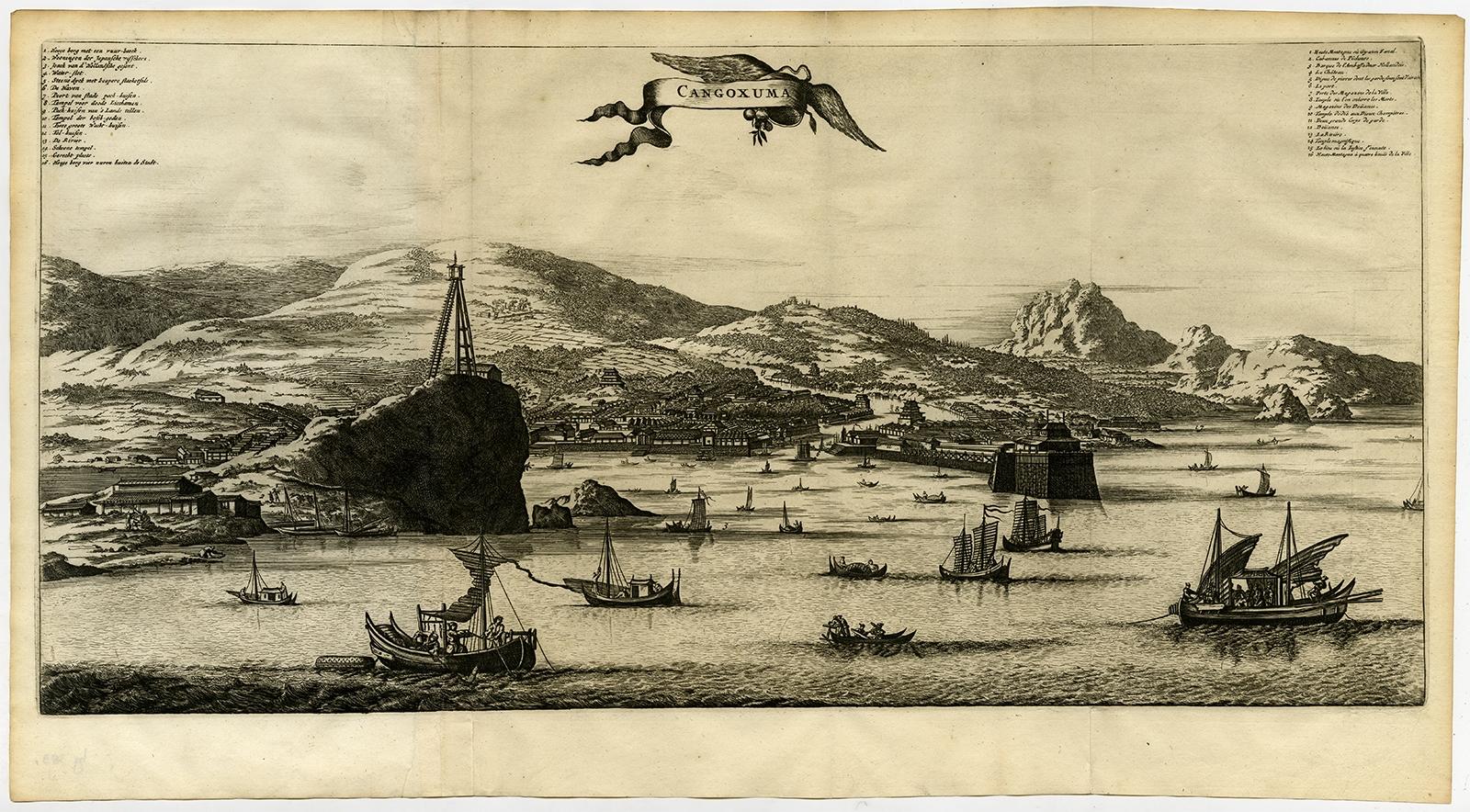 Rare Antique print, titled: 'Cangoxuma.' 

A stunning bird's eye view of the coastal city Cangoxuma (Kagoshima) in Japan. It shows several boats in the harbour, as well as the lighthouse. Arnoldus Montanus' 