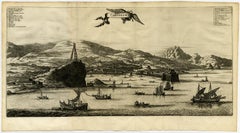 Original Old Engraving, Bird's Eye View of Cangoxuma (Kagoshima) in Japan, 1669