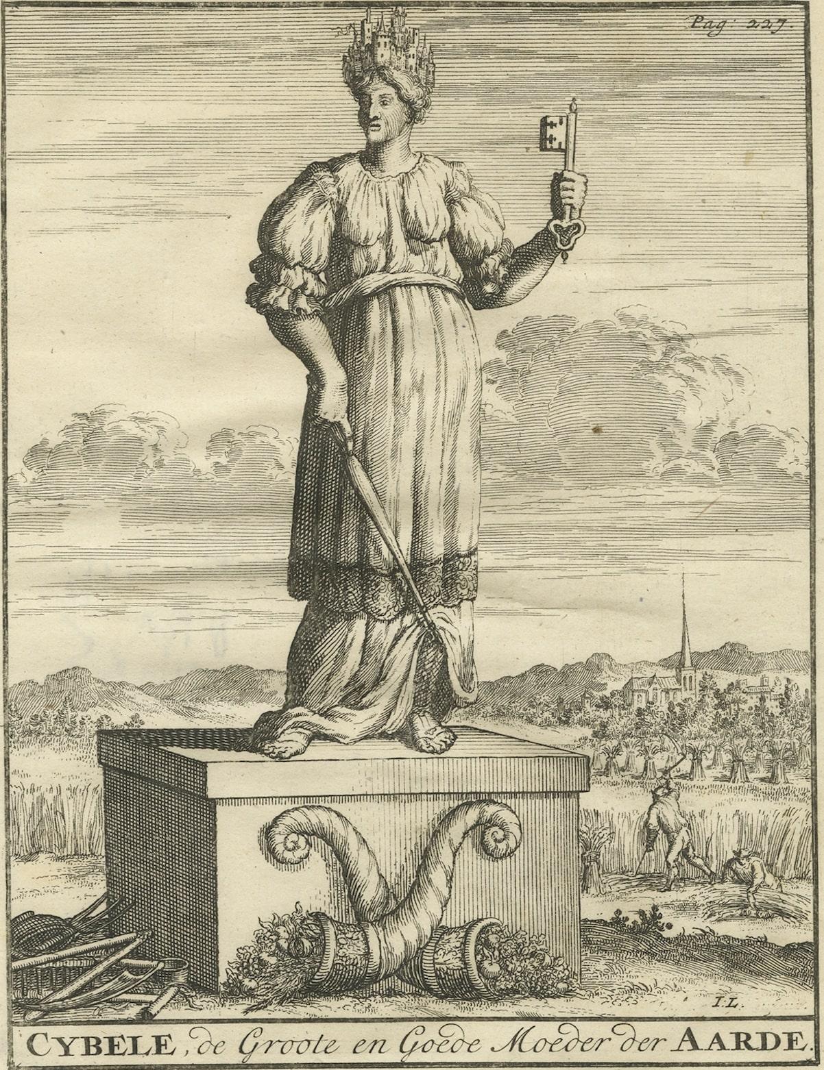 Description: Antique print, titled: 'Cybele, de Groote en Goede Moeder der Aarde' - This plate shows Cybele, the Anatolian mother goddess.

Source unknown, to be determined.

Artists and Engravers: Made by 'Jan Luyken' after an anonymous artist. Jan