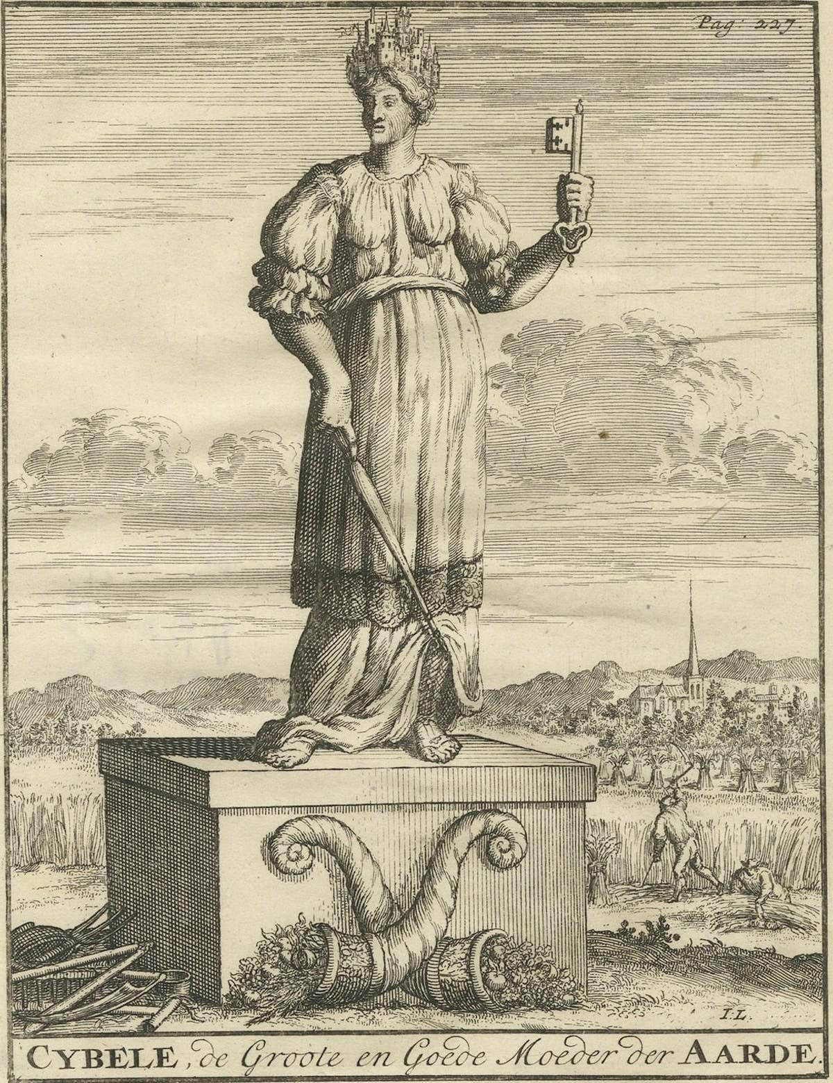 Original Old Engraving showing Cybele, the Anatolian Mother Goddess, 1686
